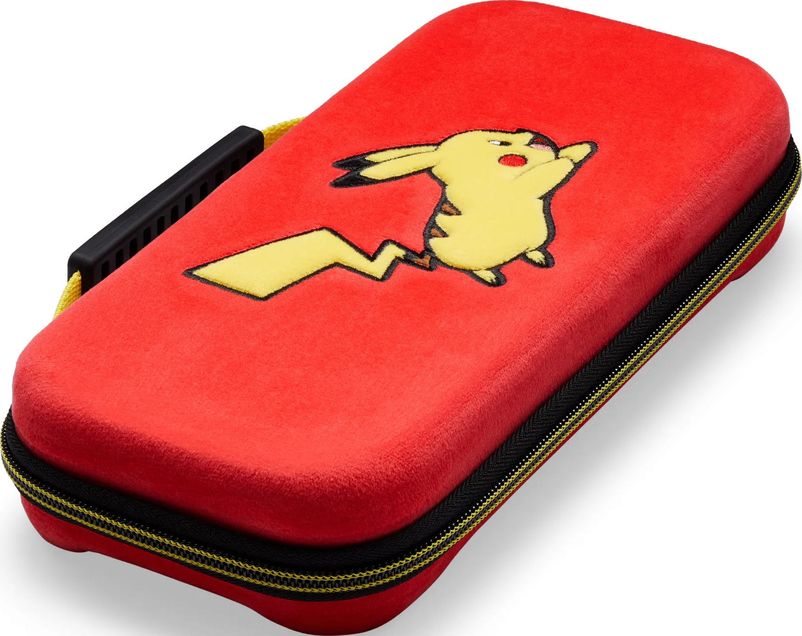 Rotes Etui mit Pikachu-Stickerei und Reißverschluss.