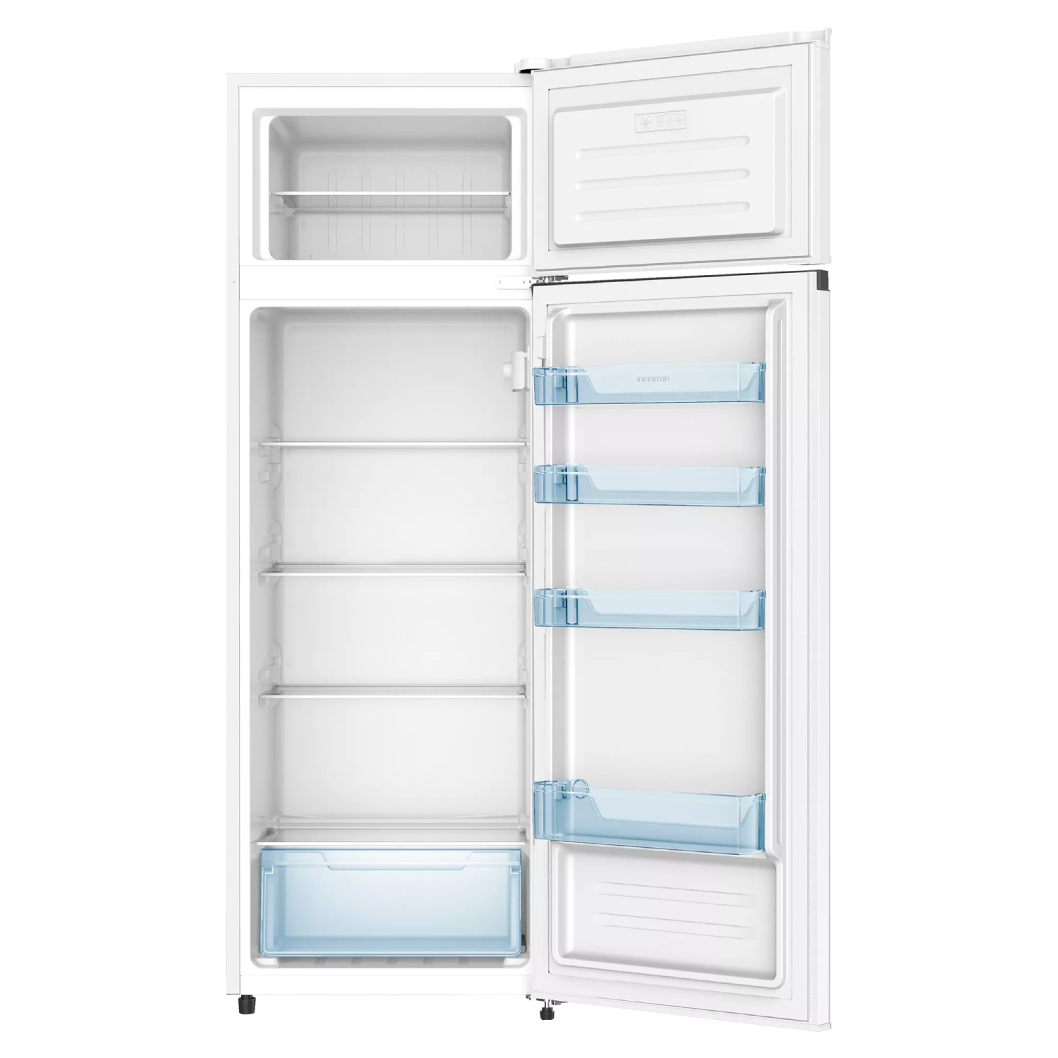 Refrigerador blanco con congelador superior y puerta abierta, mostrando estantes, cajones e interior.