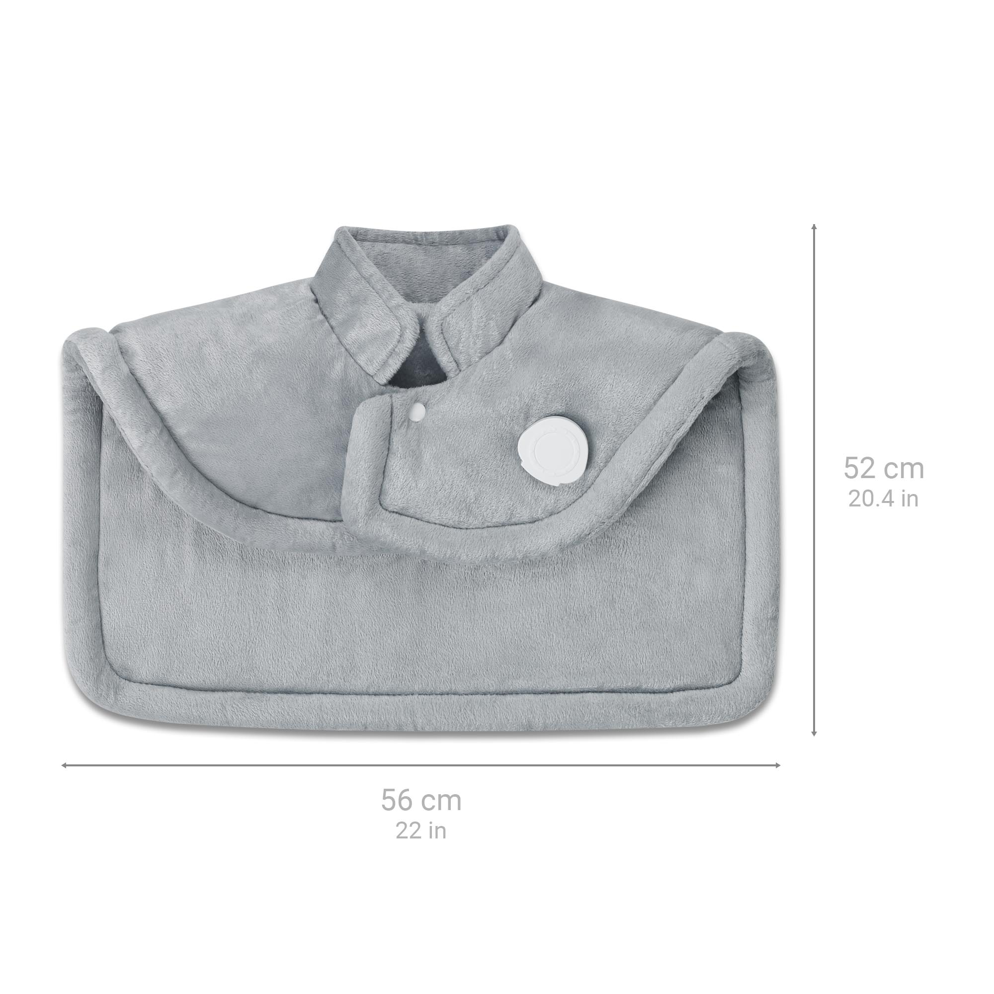 Almohadilla térmica para el cuello gris y afelpada con cuello y botón de control, con dimensiones.