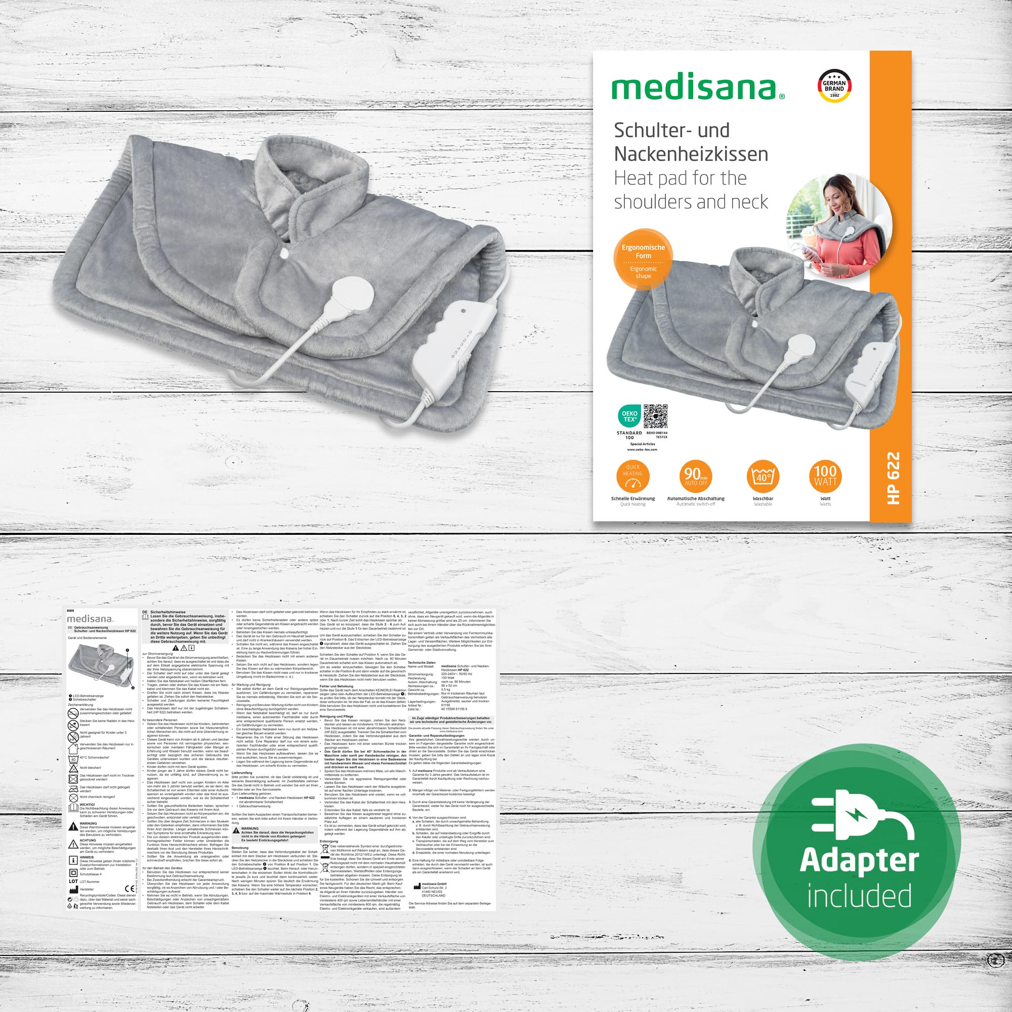 Almohadilla térmica gris y su caja. La caja tiene una imagen en uso.