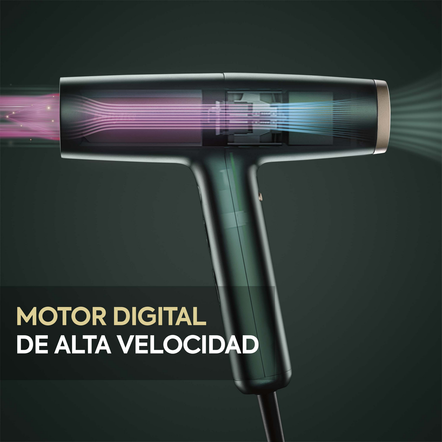 Secador de pelo verde oscuro con detalles de corte transversal que muestran el flujo de aire rosa y azul.