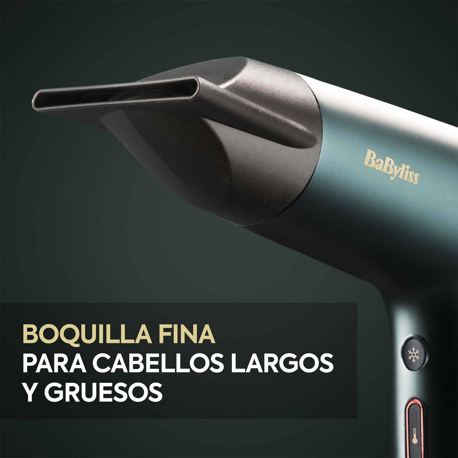 Boquilla de secador Babyliss con texto en español: 'BOQUILLA FINA PARA CABELLOS LARGOS Y GRUESOS'.