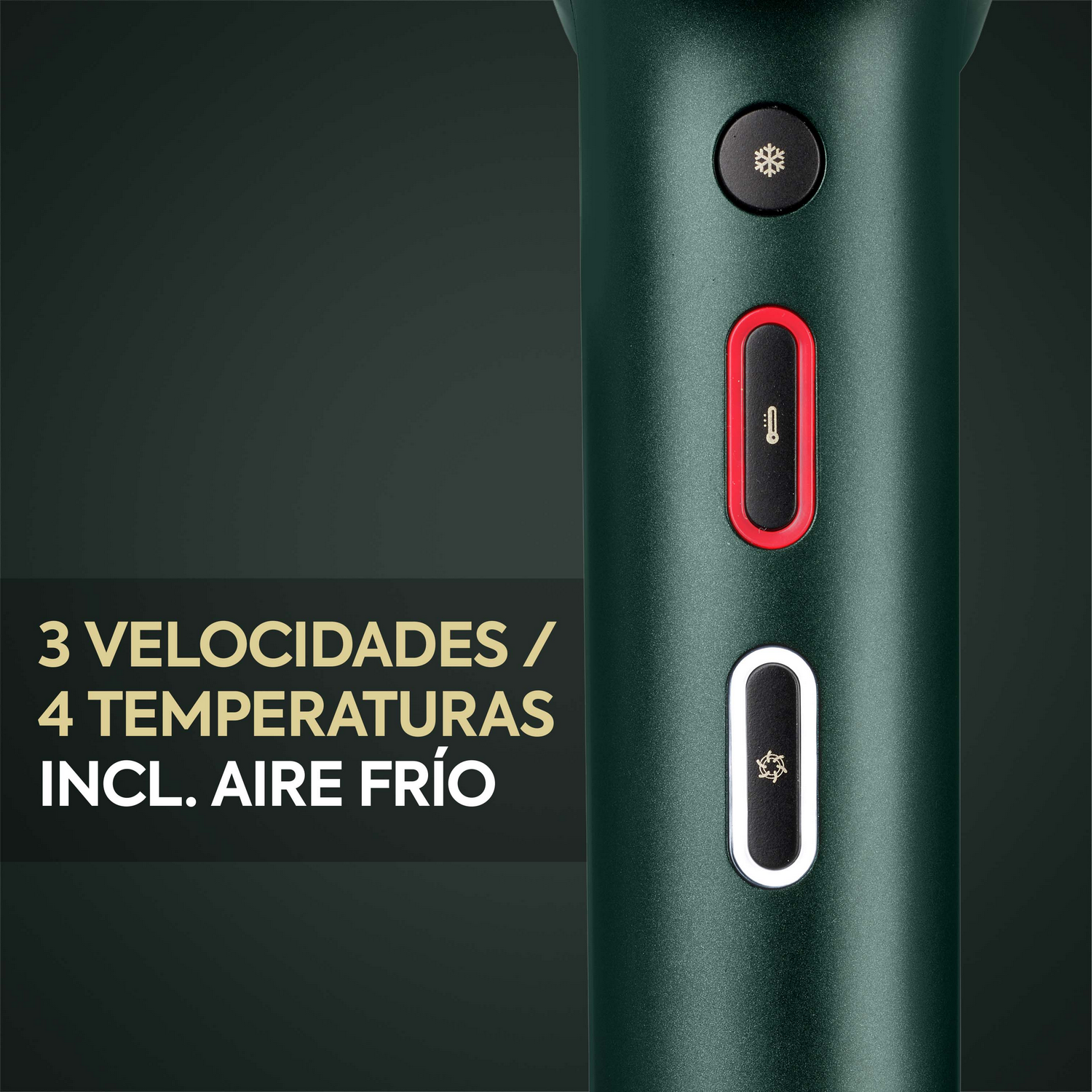 Secador de pelo con tres ajustes de velocidad y cuatro de temperatura.