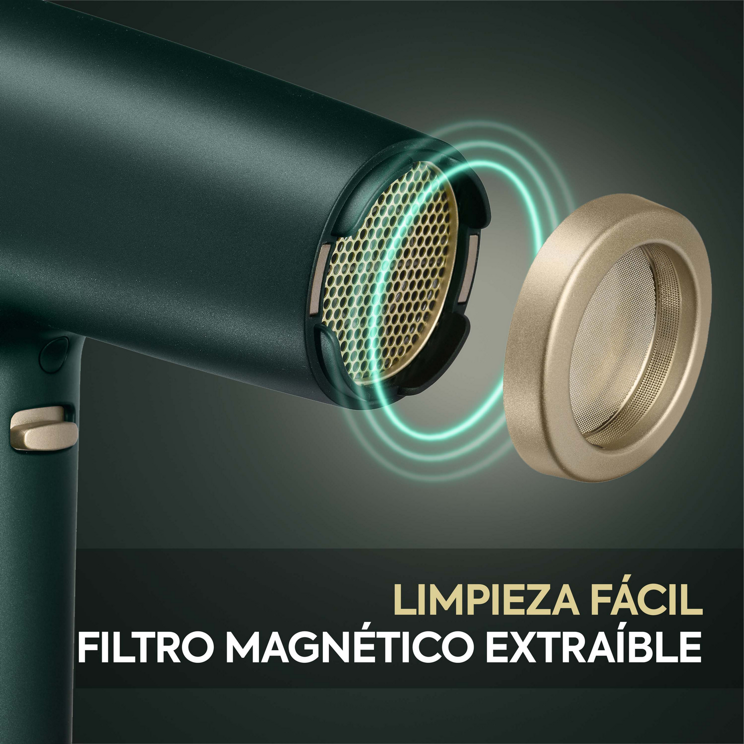 Un secador de pelo verde y dorado con filtro extraíble, primer plano con texto en español.