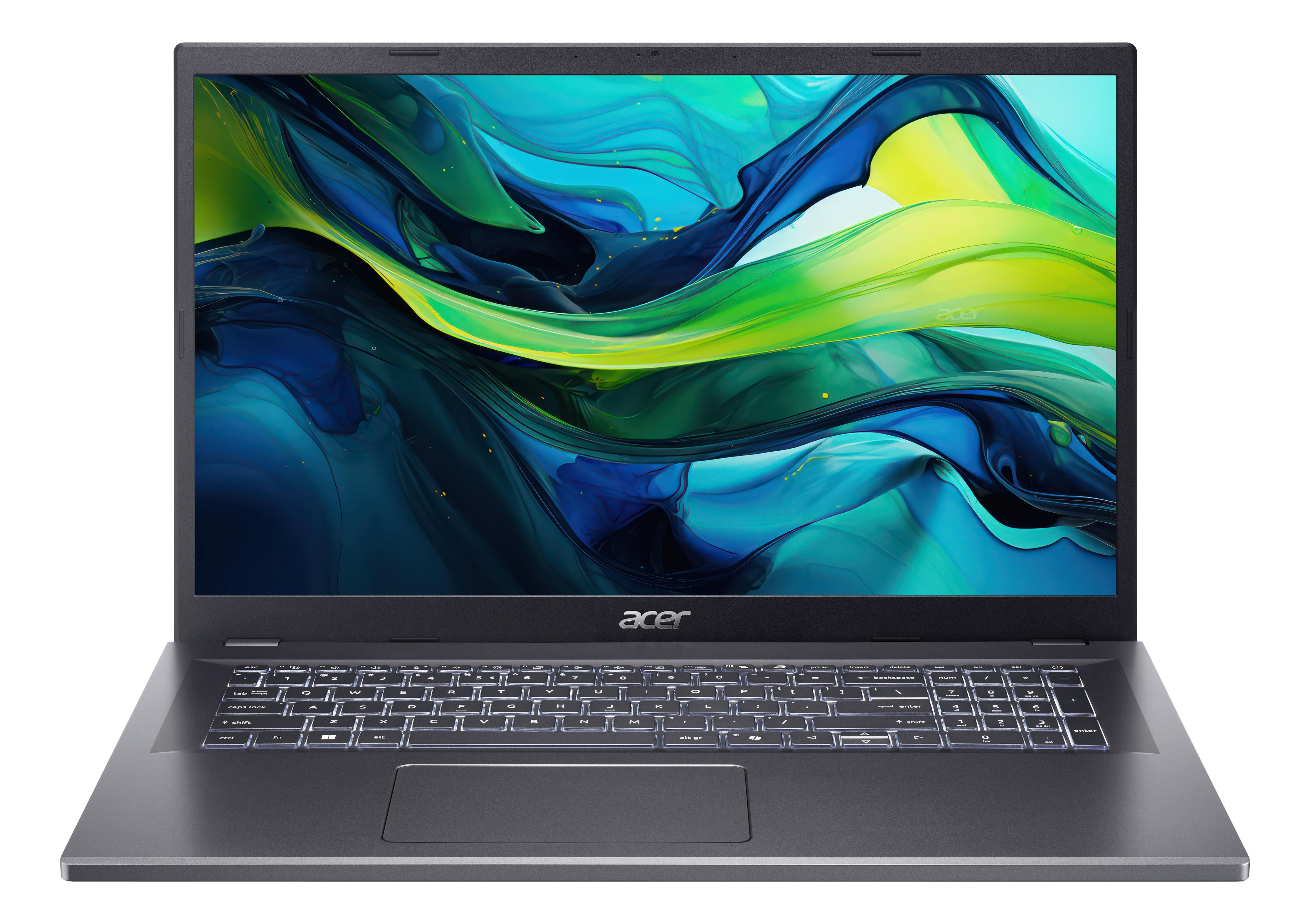 Acer Laptop. Geöffnet, dunkelgrau, mit einem Bildschirm, der ein farbenfrohes abstraktes Design zeigt.