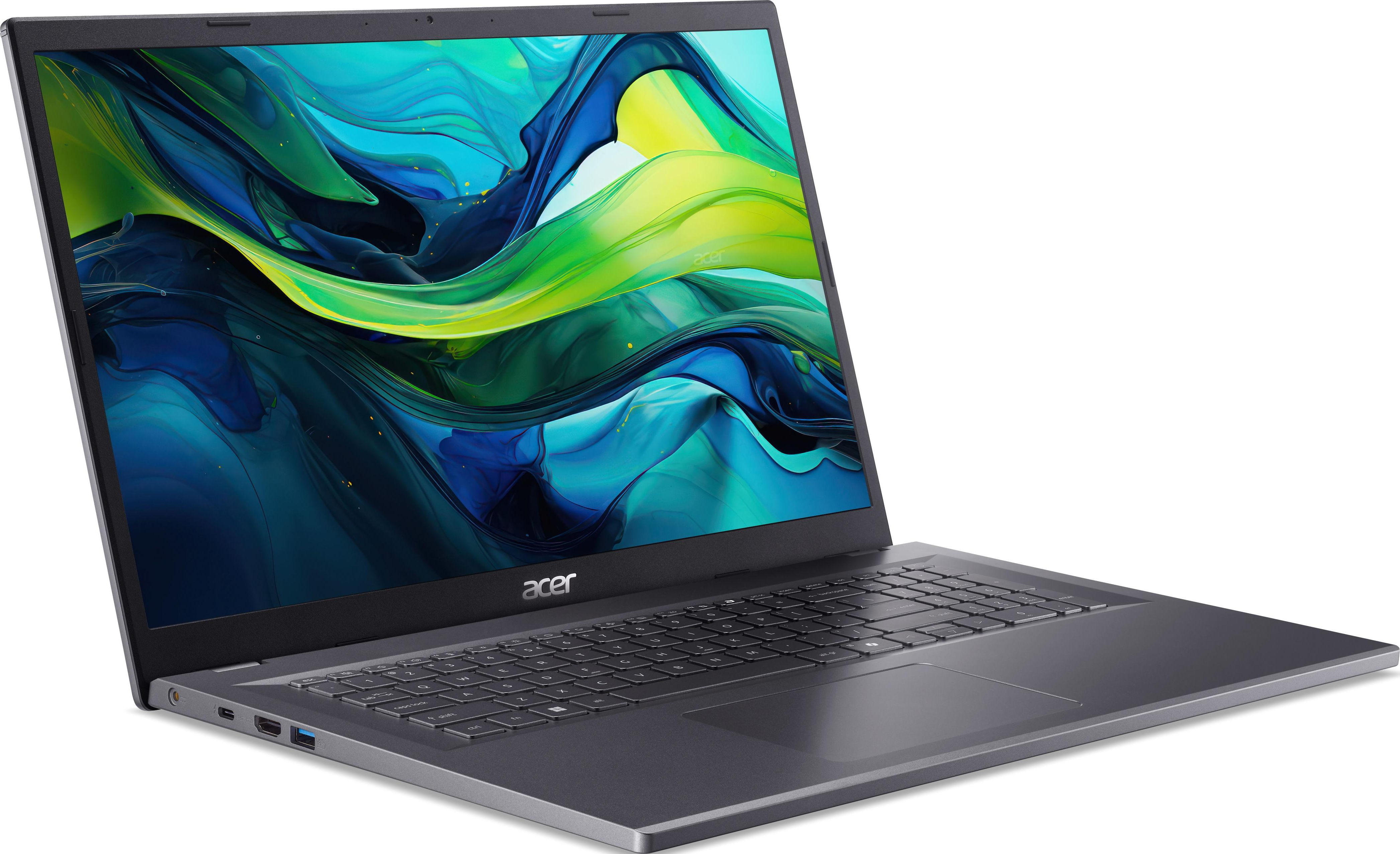Acer Laptop: Der Laptop ist geöffnet und zeigt einen farbenfrohen Bildschirm. Er hat eine Tastatur und ein Touchpad.