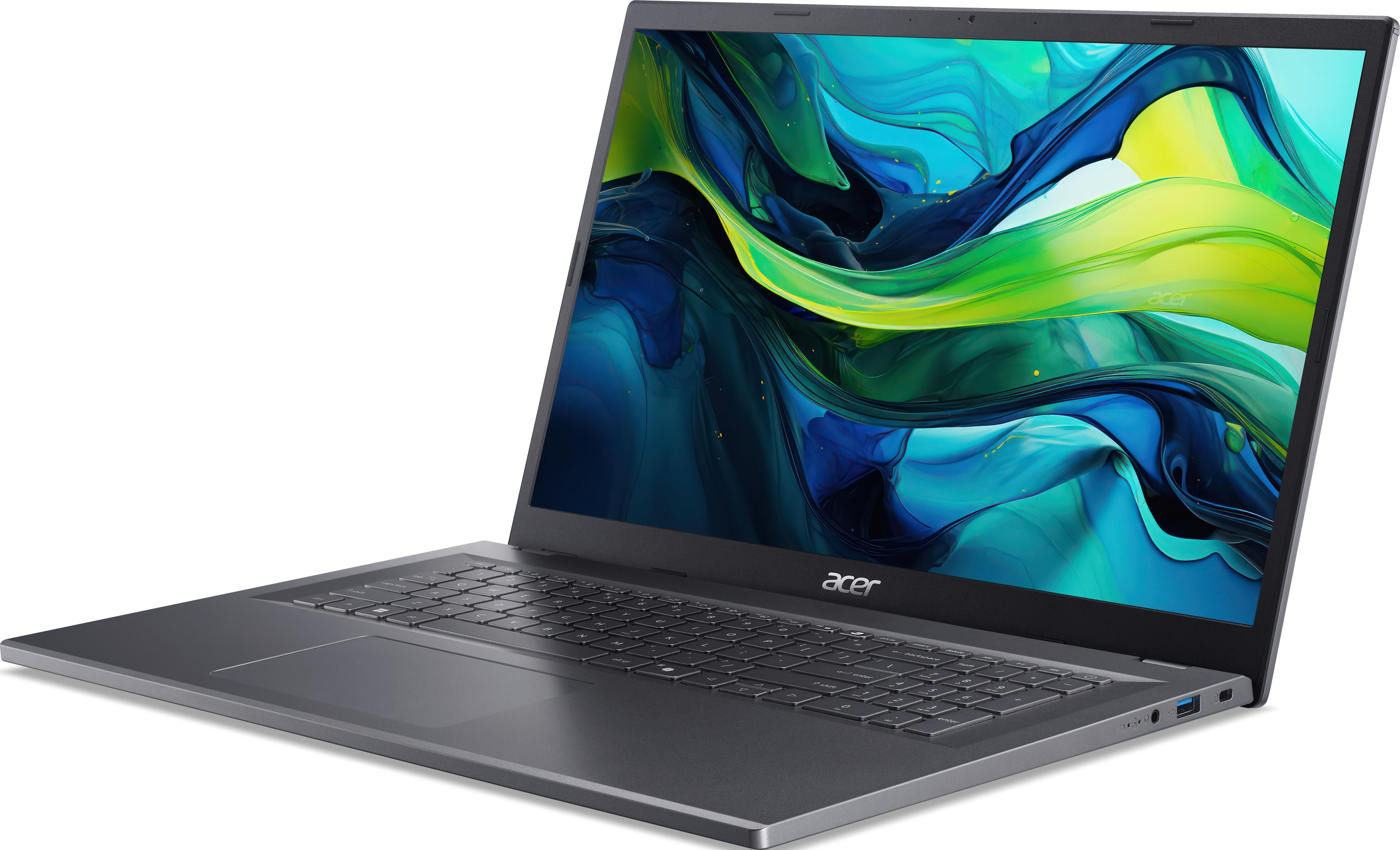 Ein Laptop in grauer Ausführung ist geöffnet. Der Bildschirm zeigt eine lebendige Anzeige, nach rechts geneigt.