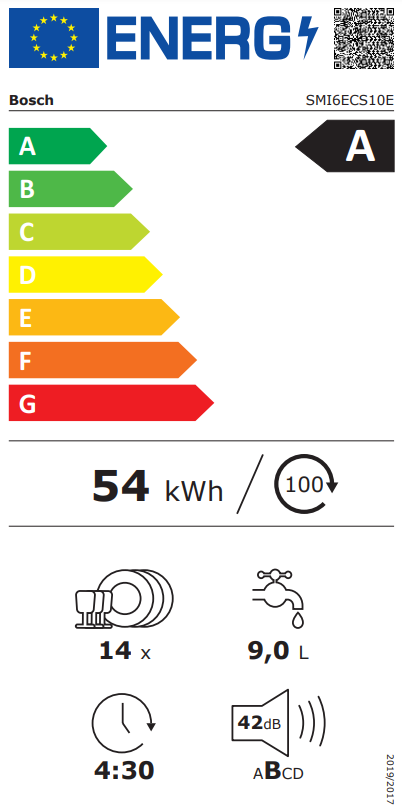 Bosch mosogatógép energia címke, energiahatékonyságot és fogyasztást mutatva.