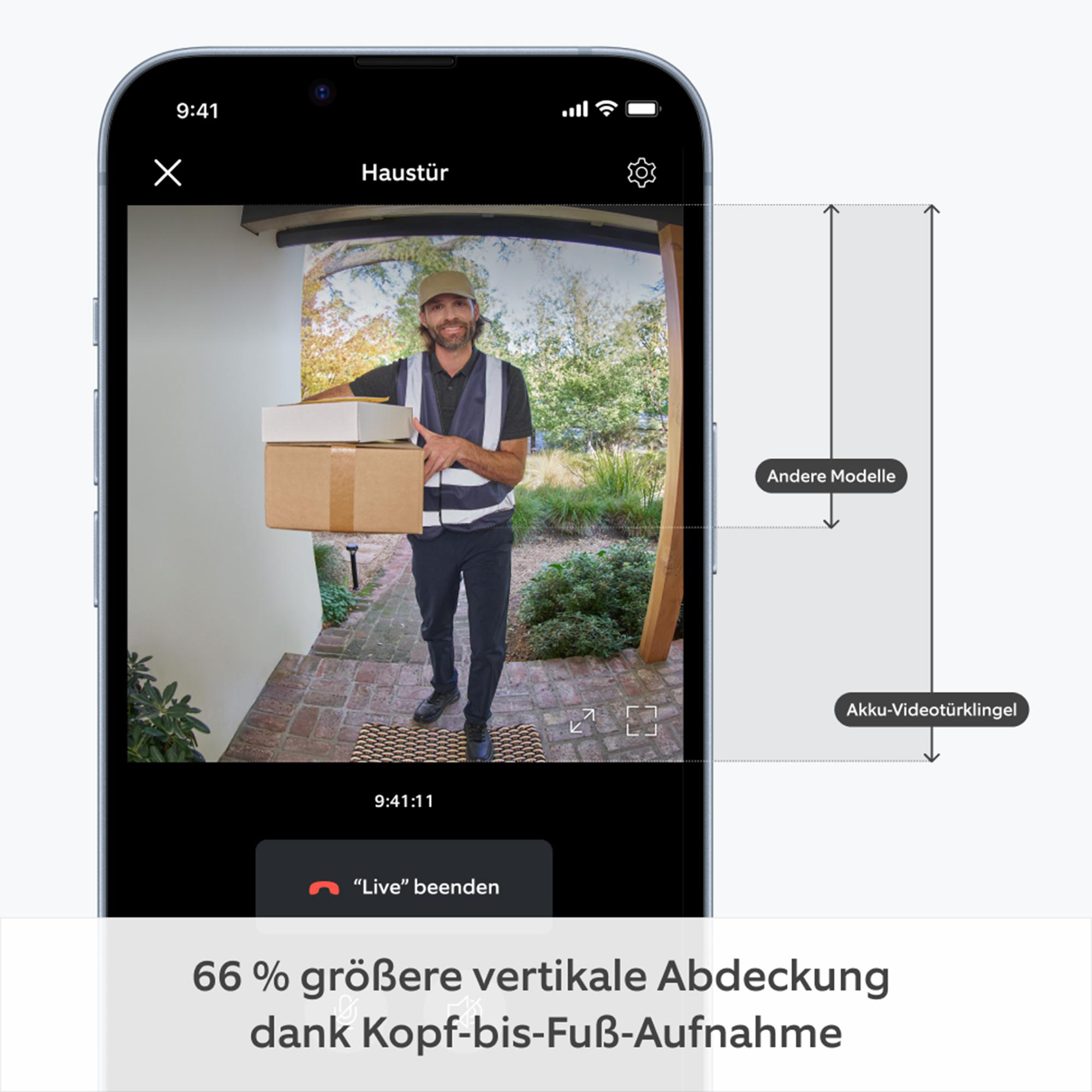 Ein Telefonbildschirm mit einer Tür, einem Zusteller und Text, der einen Videoanruf anzeigt.