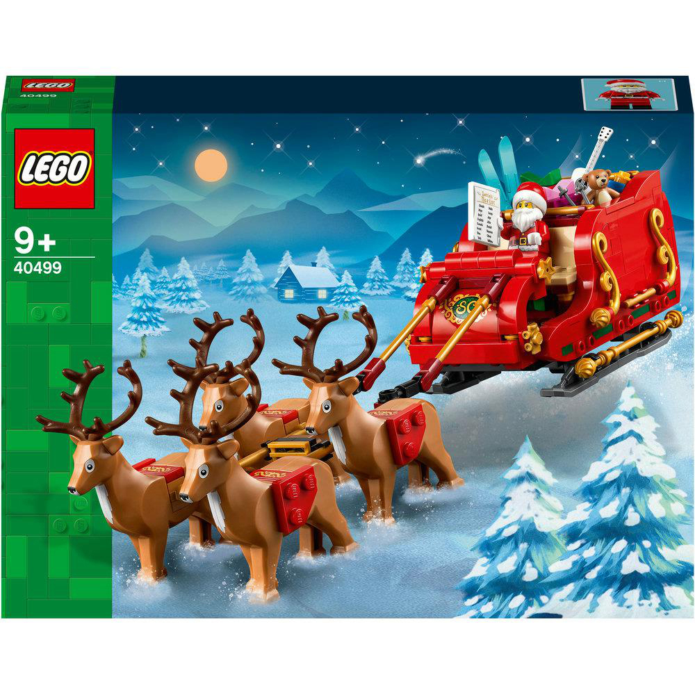Ein Lego-Set-Box zeigt einen roten Schlitten, der von vier Rentieren in einer verschneiten Winterszene gezogen wird.
