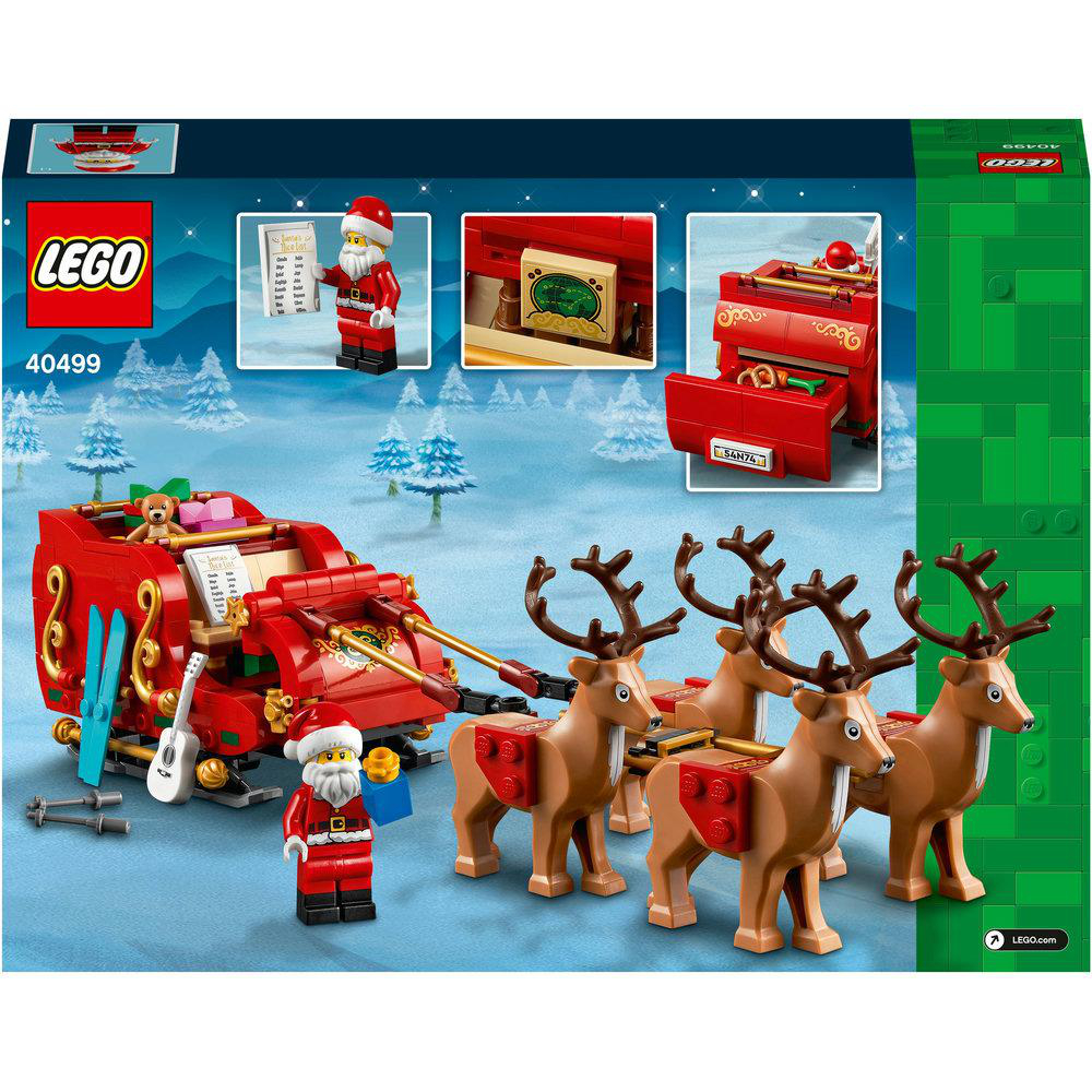 Lego Weihnachtsschlitten: Ein roter Schlitten mit Rentieren, Weihnachtsmann und Geschenken in einer verschneiten Landschaft.