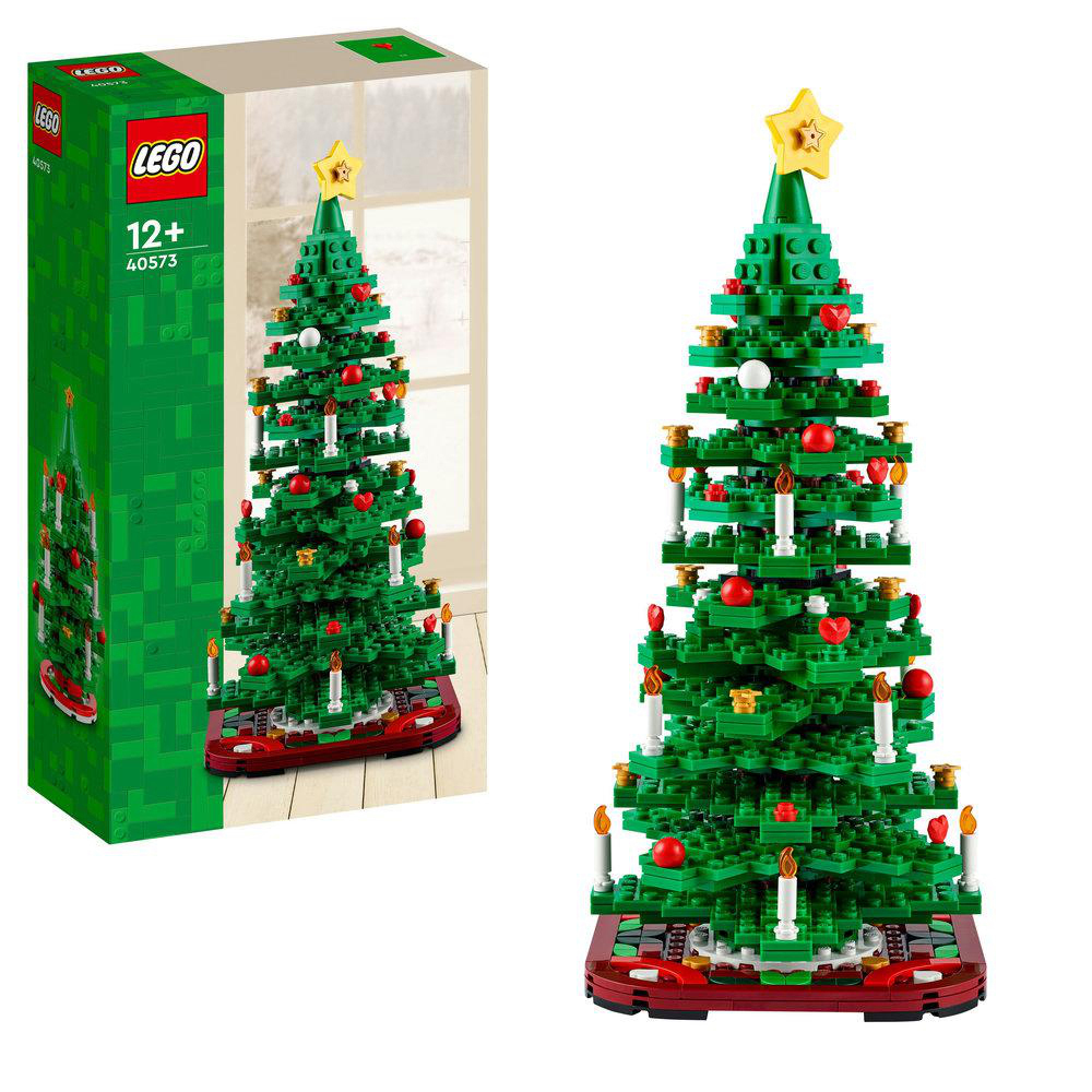 LEGO Weihnachtsbaum-Set mit Schachtel und aufgebautem Baum, grün mit rot und gold.