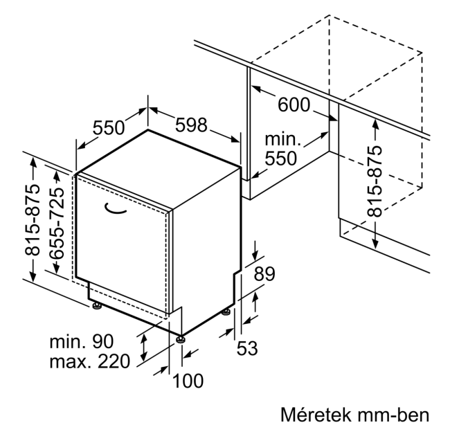 Mosogatógép diagramja, méretekkel milliméterben. Az elölnézet és az oldalsó nézet látható.