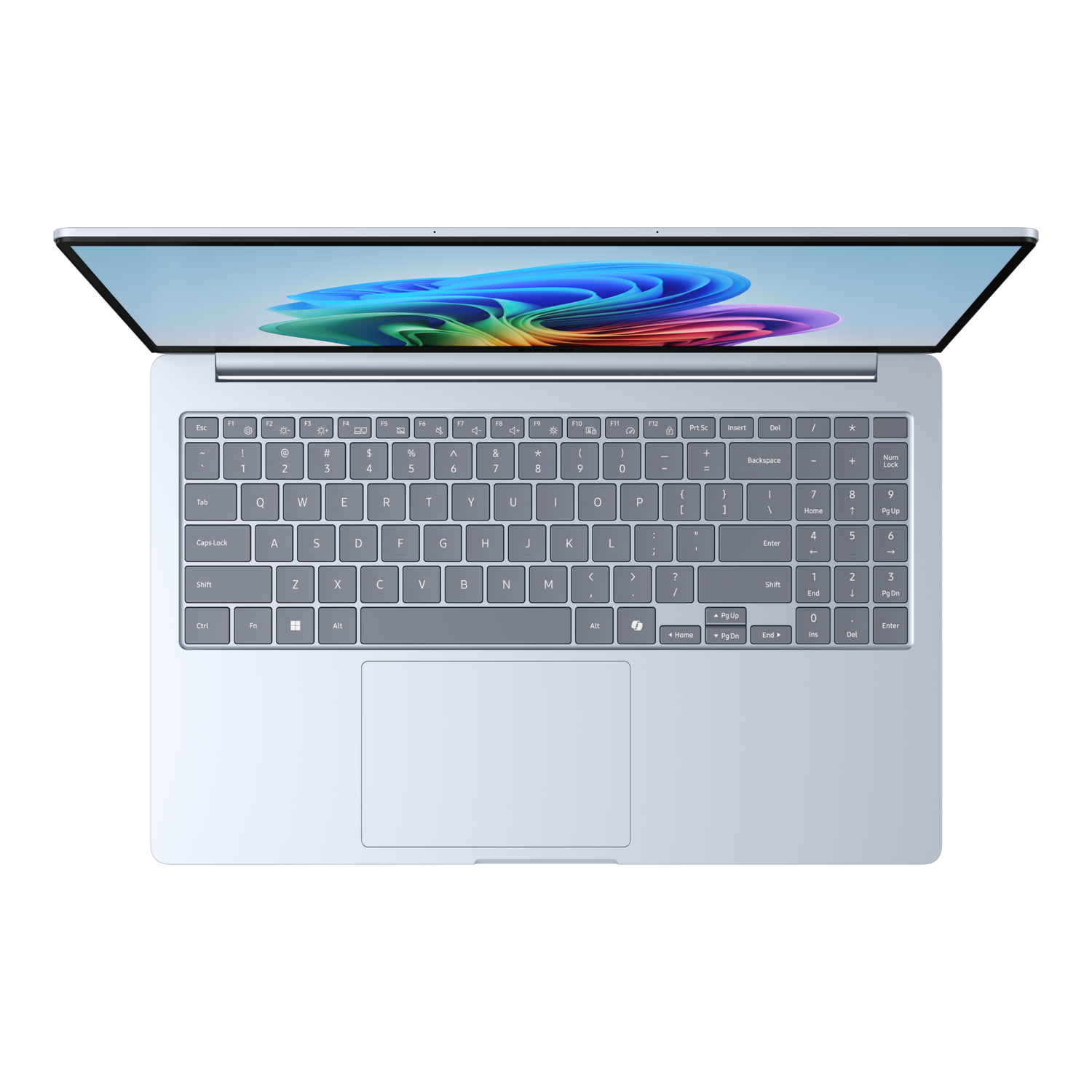 Laptop open op een zwart oppervlak. Het scherm toont een kleurrijk abstract ontwerp.