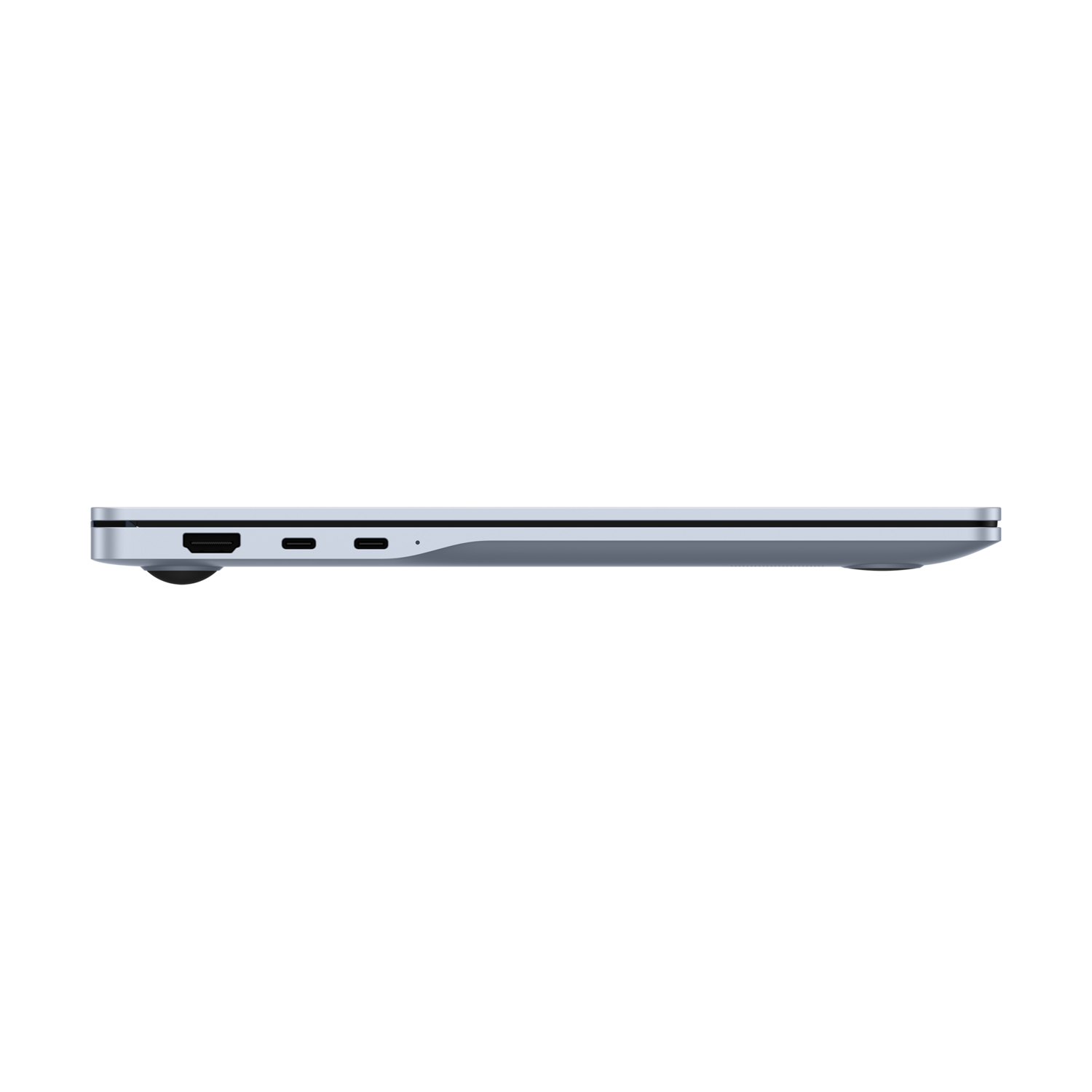 Zijaanzicht van een zilveren laptop op zwarte achtergrond, met poorten.