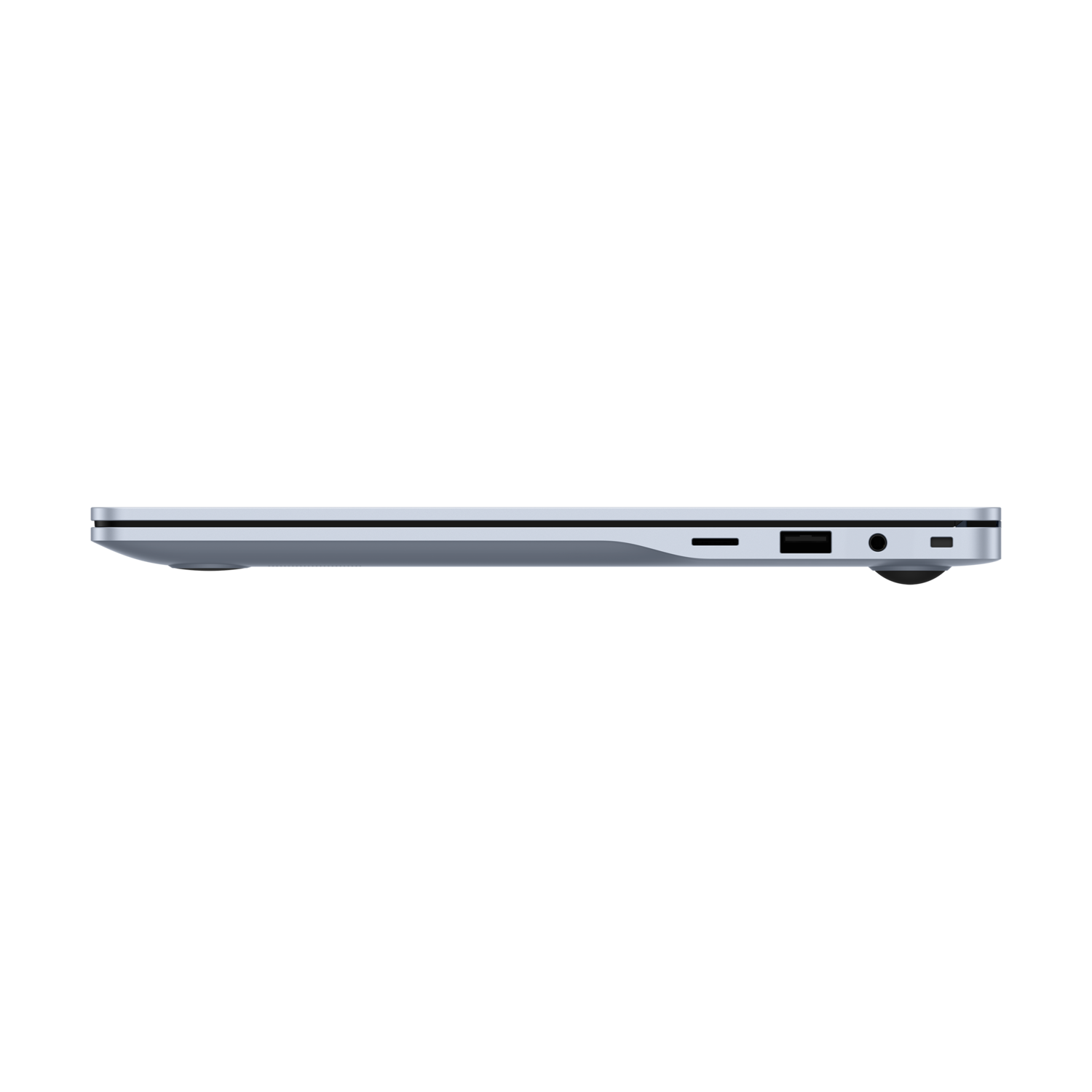 Een zilveren laptop van de zijkant op een zwarte achtergrond, met poorten zichtbaar.