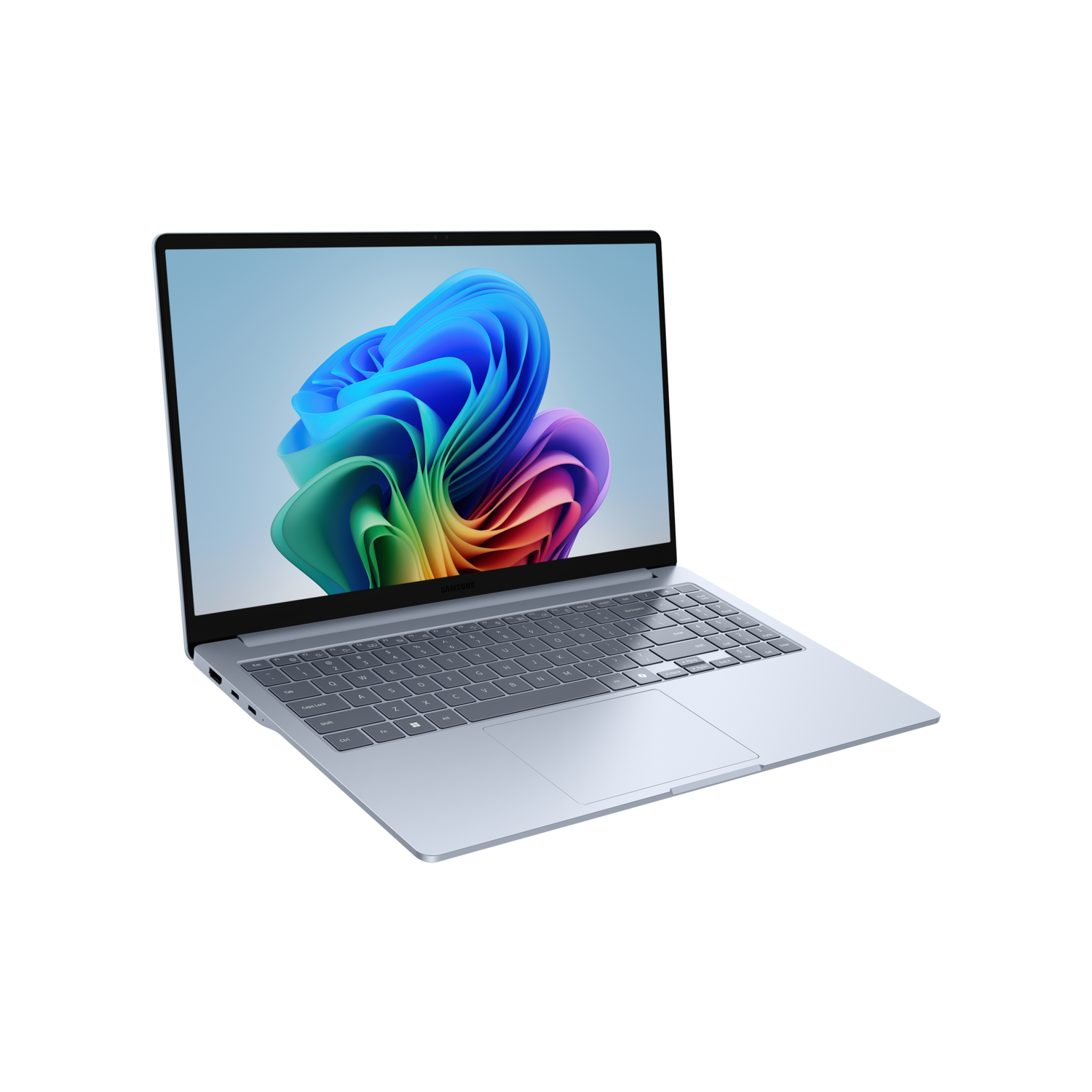 Laptop met een kleurrijke abstracte afbeelding op het scherm. Op een donkere ondergrond.