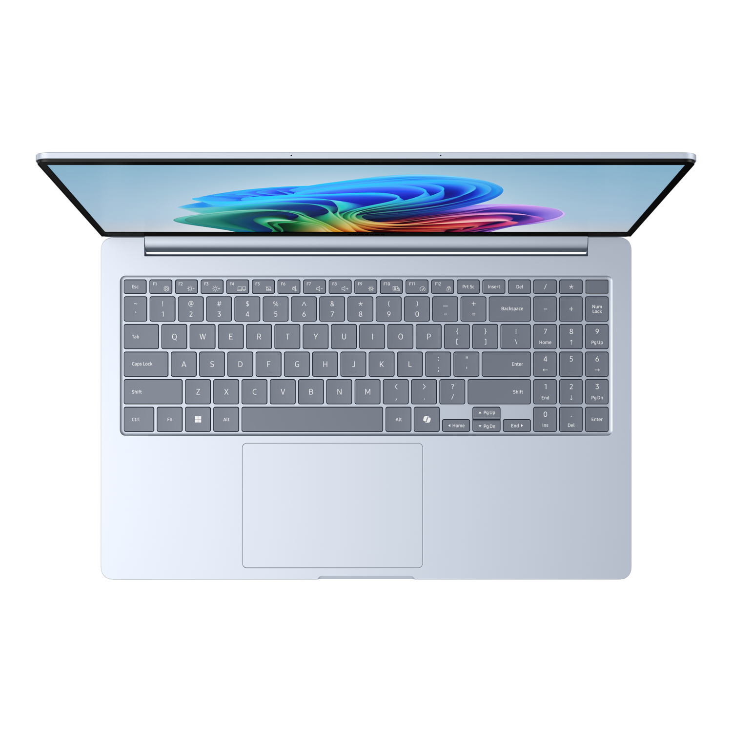Laptop with open screen displaying a colorful abstract image, keyboard visible.