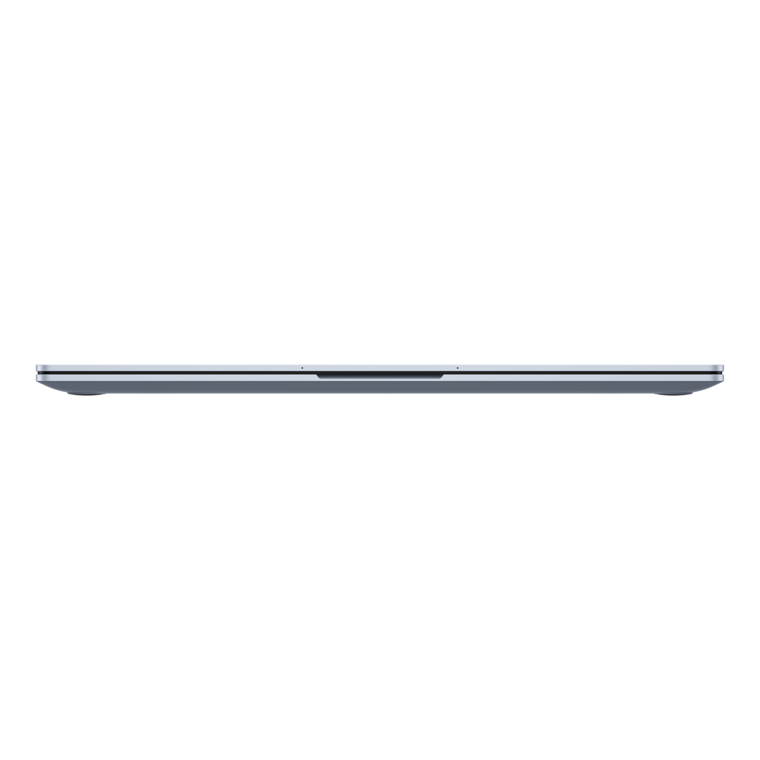 A black screen with a thin, silver laptop top. The background is solid black. Minimalist aesthetic.