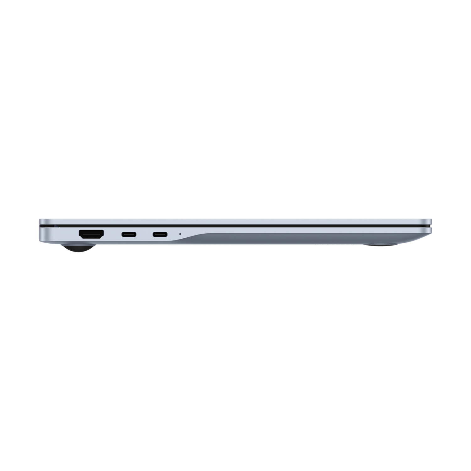 A side view of a laptop with the port side visible. The laptop is gray.