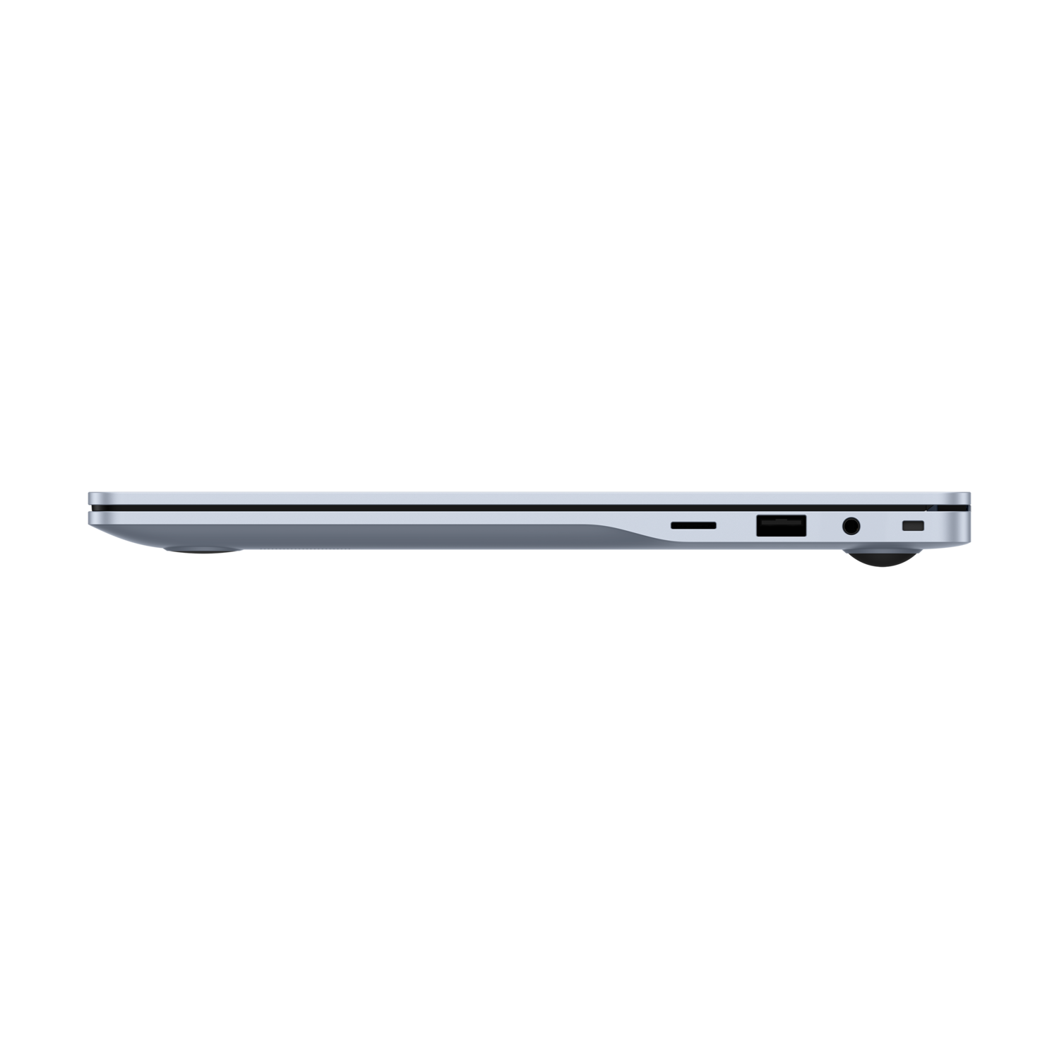 Side view of a silver laptop with ports visible. Black background.