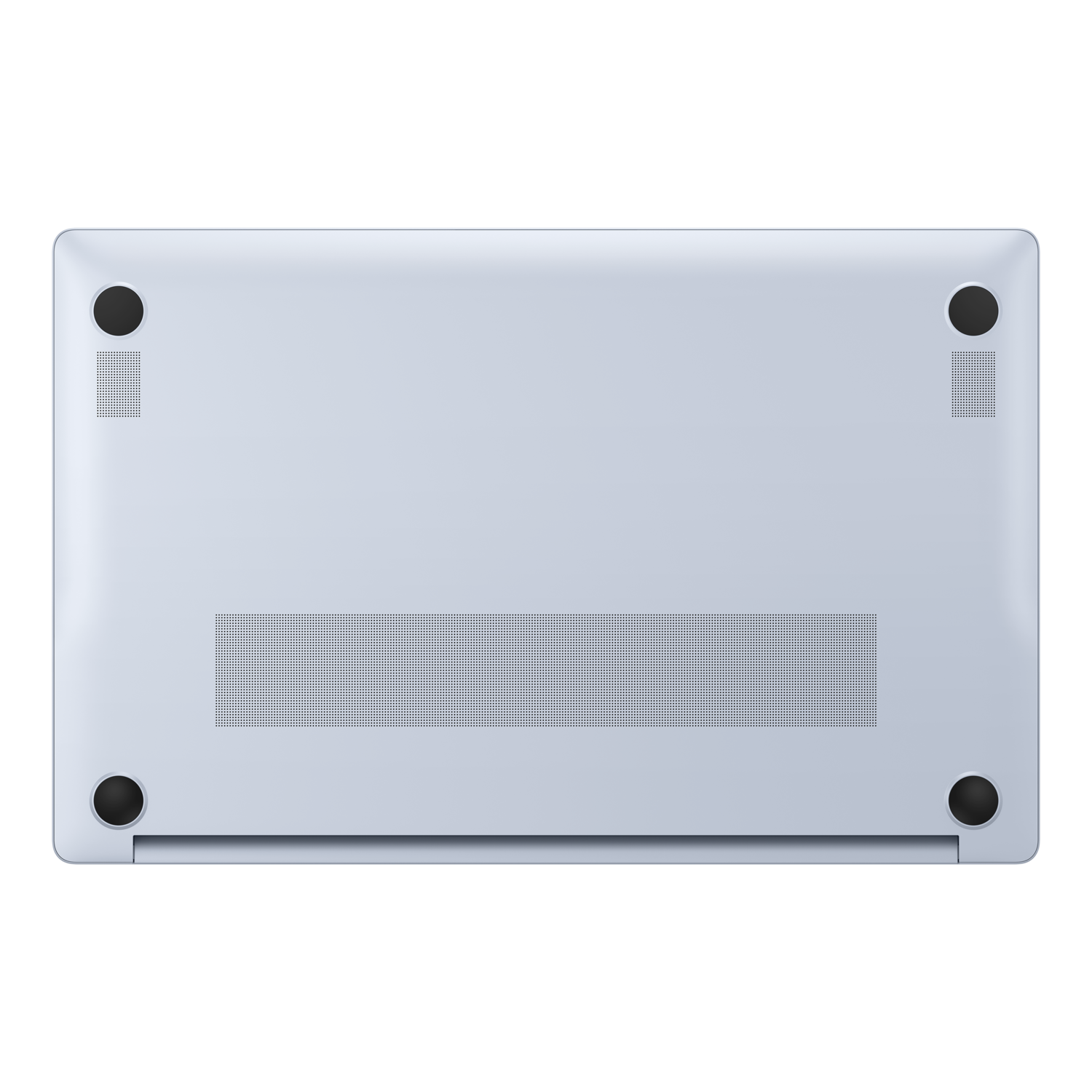 A laptop's underside, light blue, with four black rubber feet and ventilation holes.