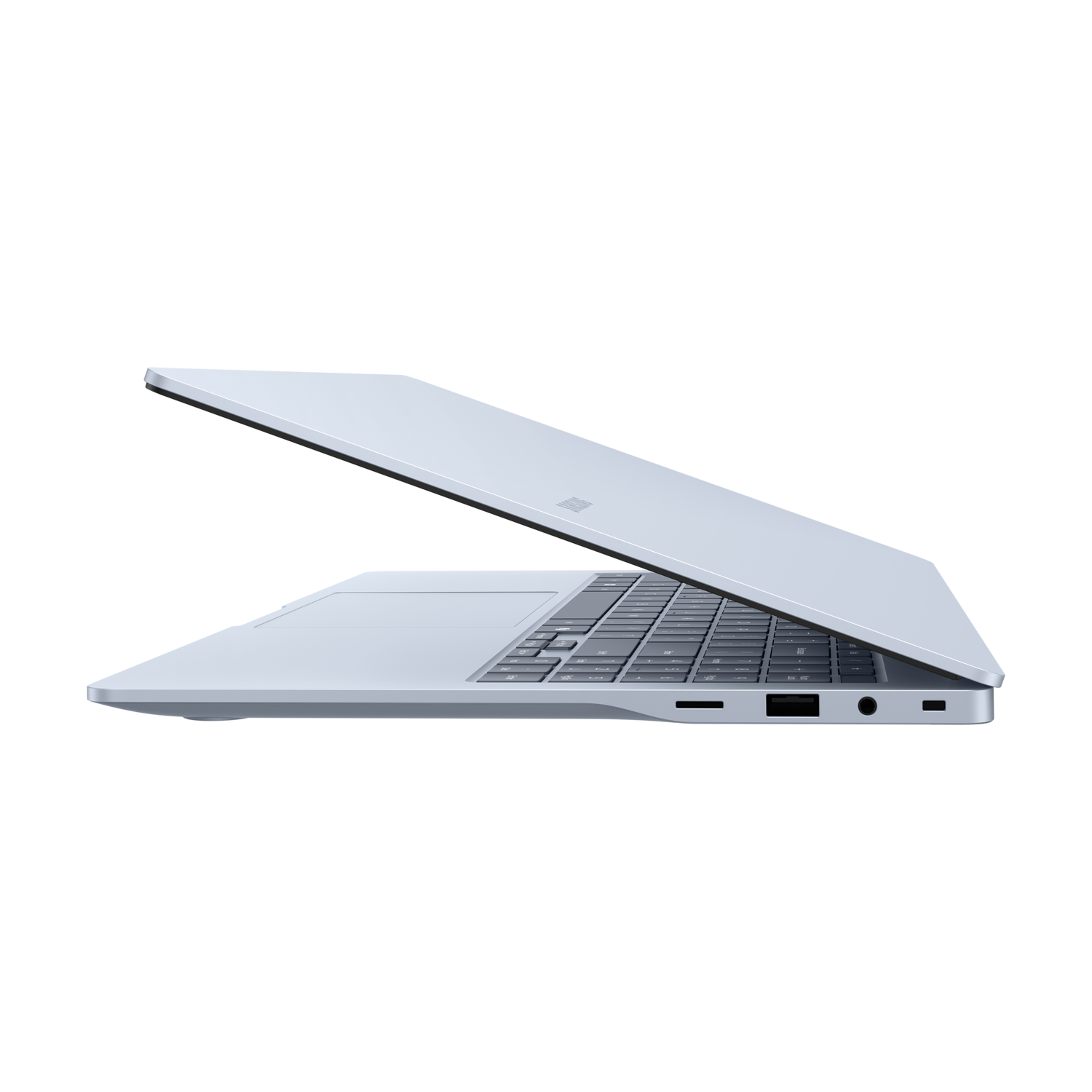 A light blue laptop, partially open, on a black background. The screen is facing up.