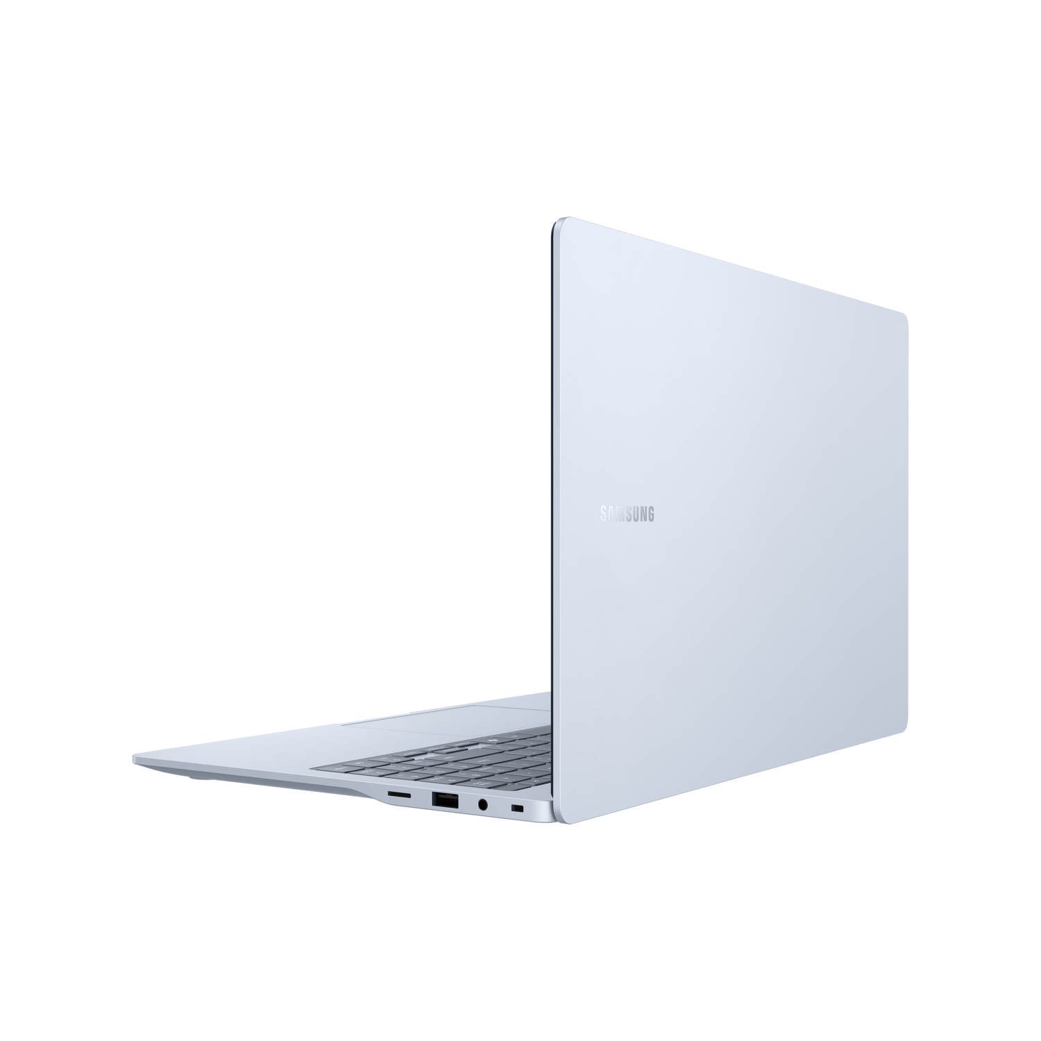 An open, blue Samsung laptop device. The background is black.