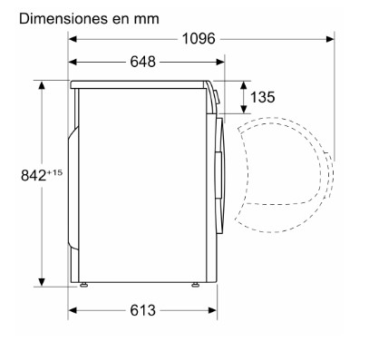 Diagrama de una lavadora, vista lateral, con dimensiones y medidas mostradas.