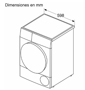 Diagrama de una lavadora, vista superior con dimensiones en mm. La imagen es un dibujo técnico.