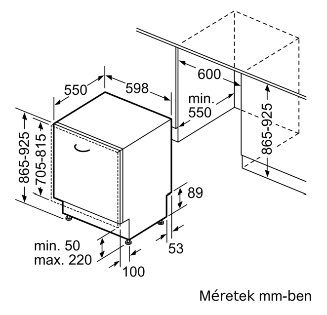 Mosogatógép diagramja, méretekkel és mérésekkel, oldalsó nézet.