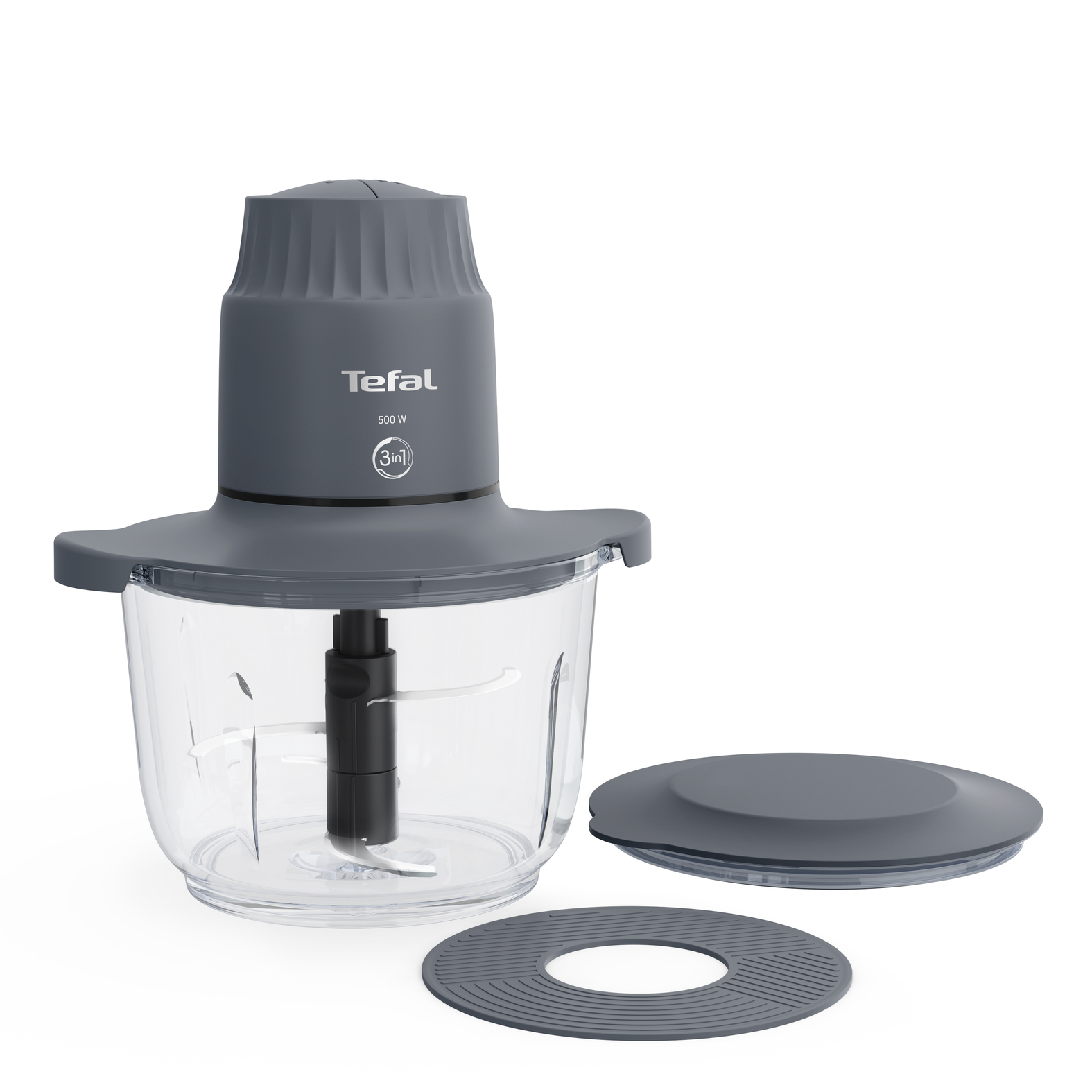 Egy Tefal 3 az 1-ben mini aprító, átlátszó tál, fedéllel és alappal.
