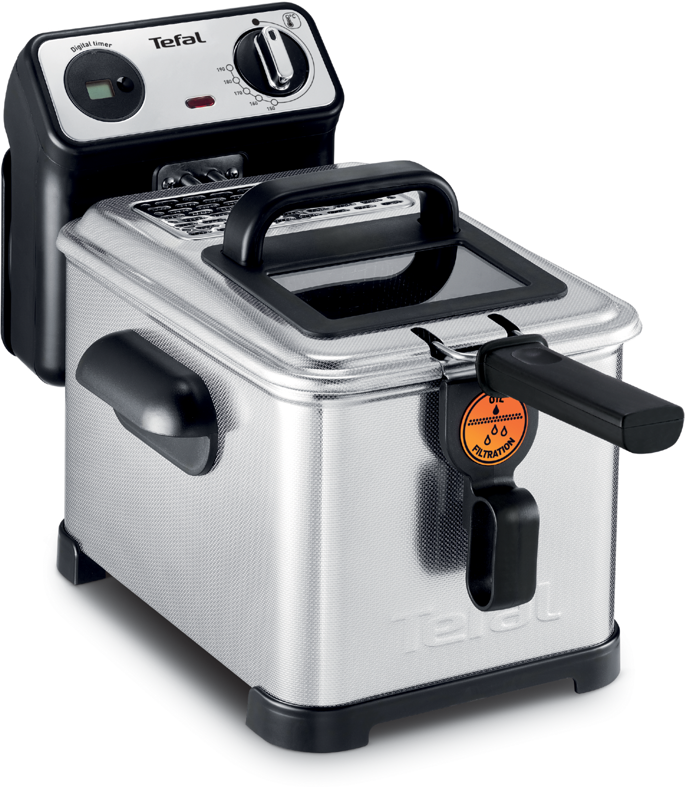 Közelkép egy ezüst Tefal fritőzről fekete kezelőpanellel és fogantyúval.