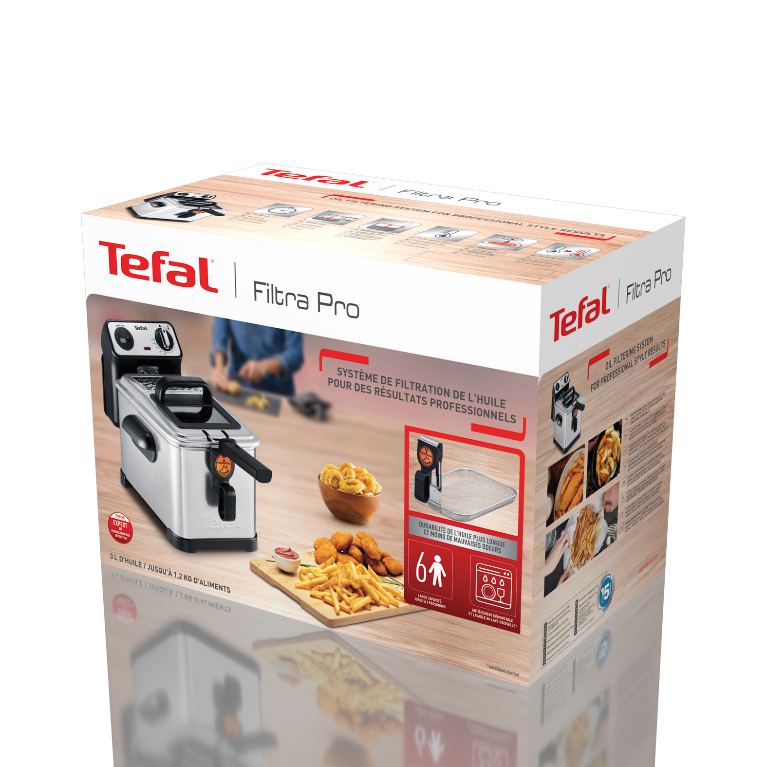 Tefal Filtra Pro olajsütő doboza sült krumplival, nuggetsszel és egy emberrel a képen.