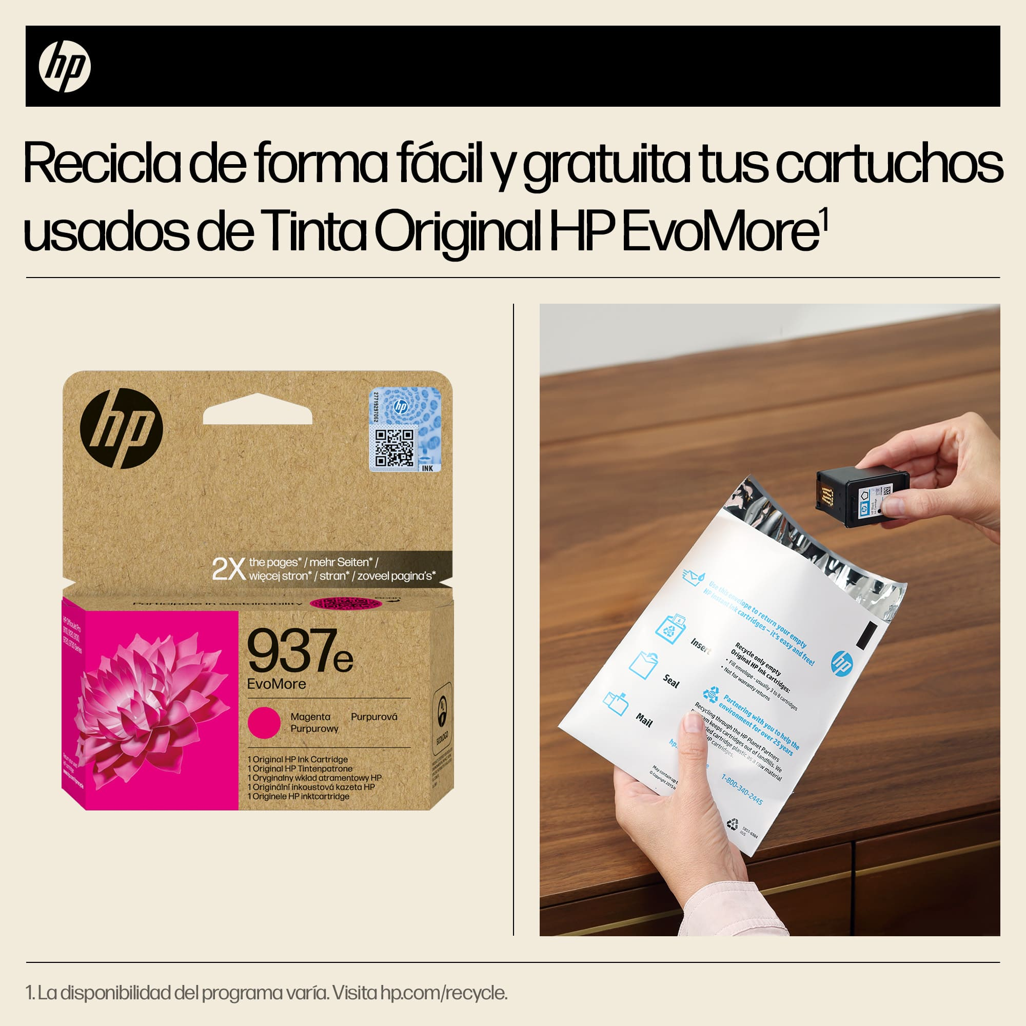 Cartuchos de tinta HP en embalaje. El embalaje es magenta y blanco.