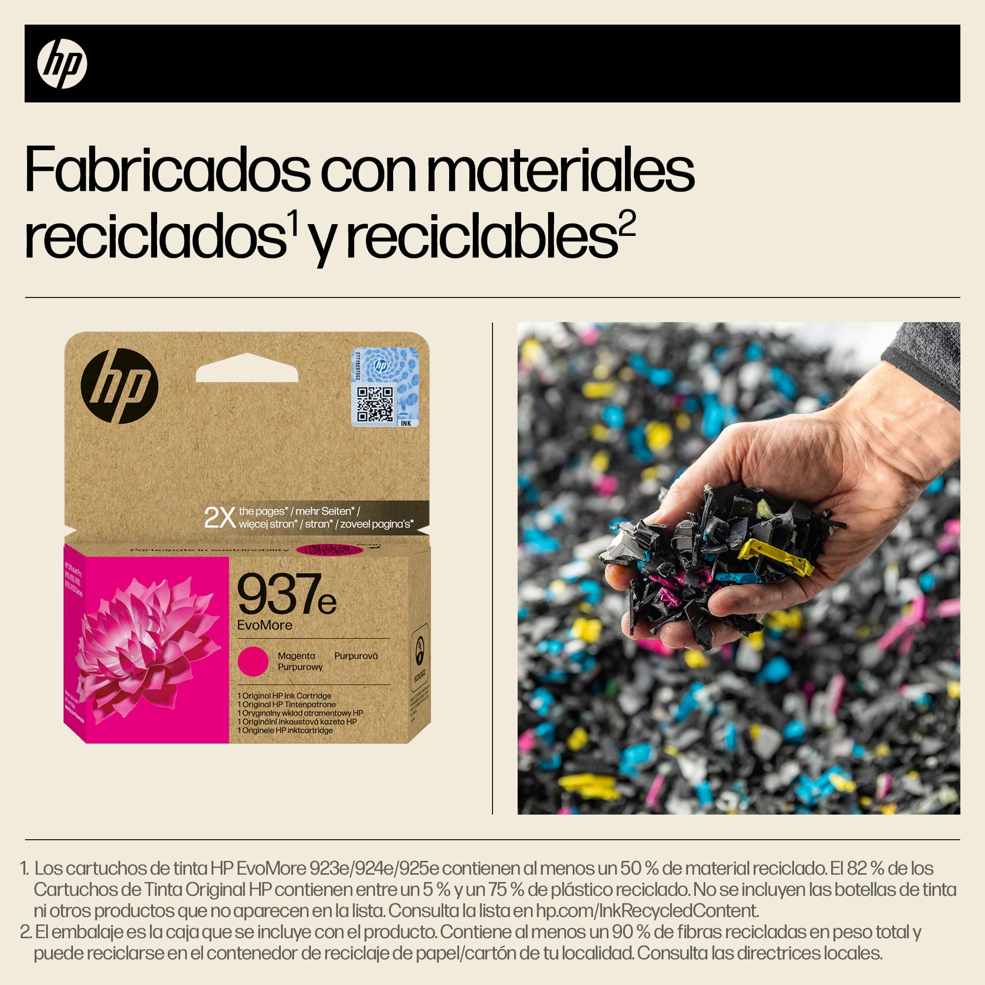 Caja de cartucho de tinta HP, con cartucho magenta e información de reciclaje, y plástico reciclado.