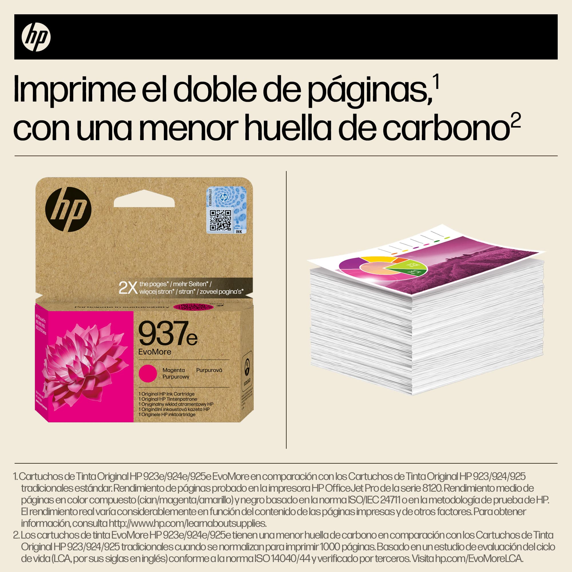 Caja de cartucho de tinta HP con texto en español y una pila de páginas impresas.