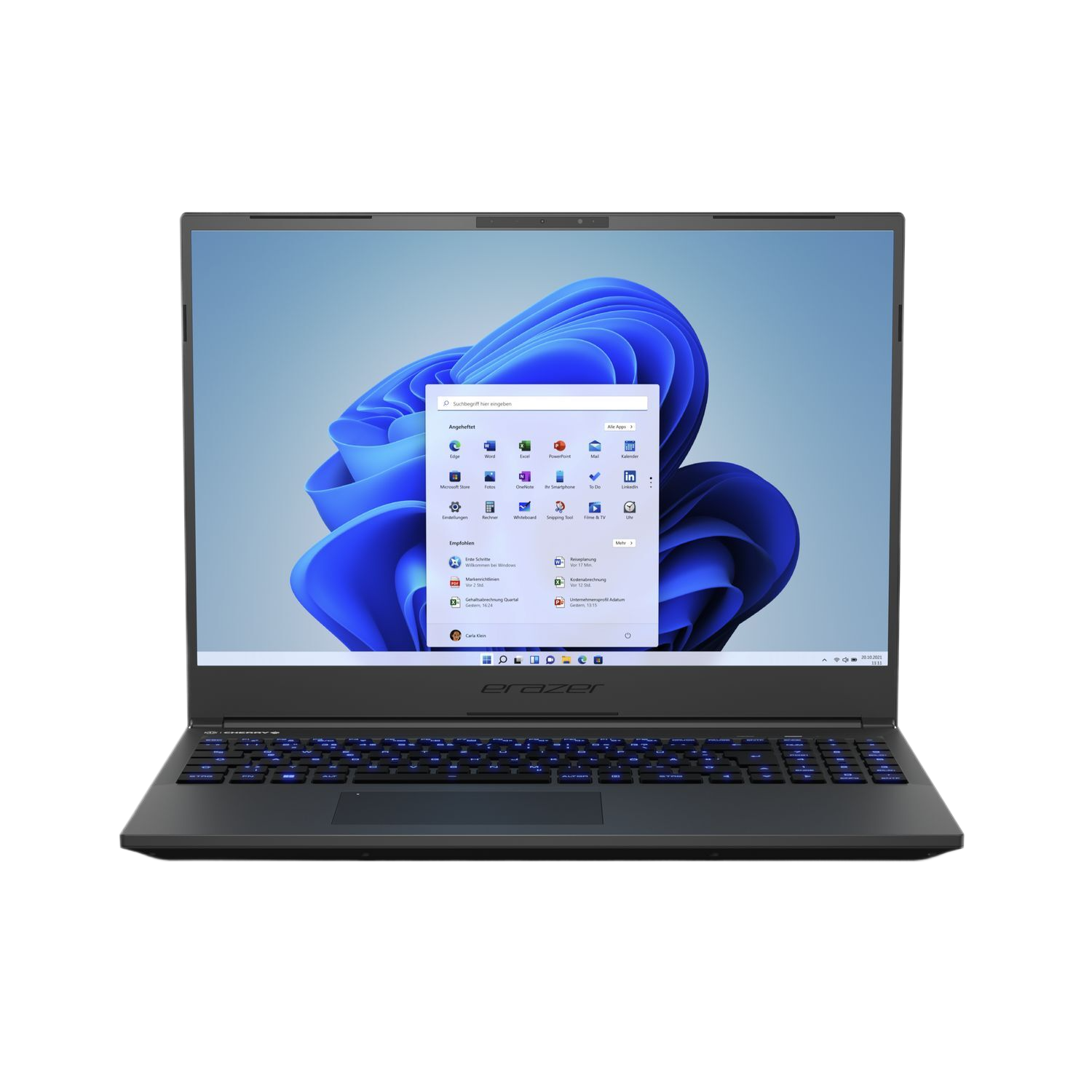 Zwarte laptop met Windows-interface. Toetsenbord heeft blauwe lichten.