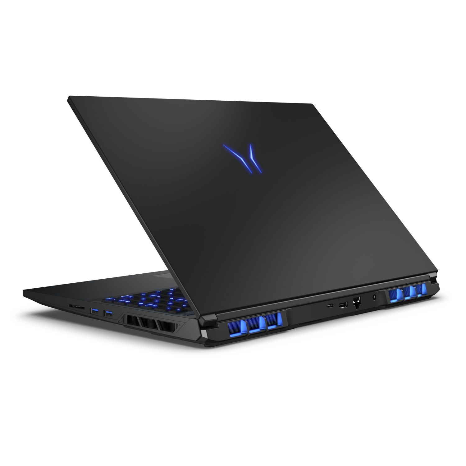 Een zwarte laptop met blauwe lampjes en een logo aan de bovenkant. De laptop staat schuin open en toont het toetsenbord.