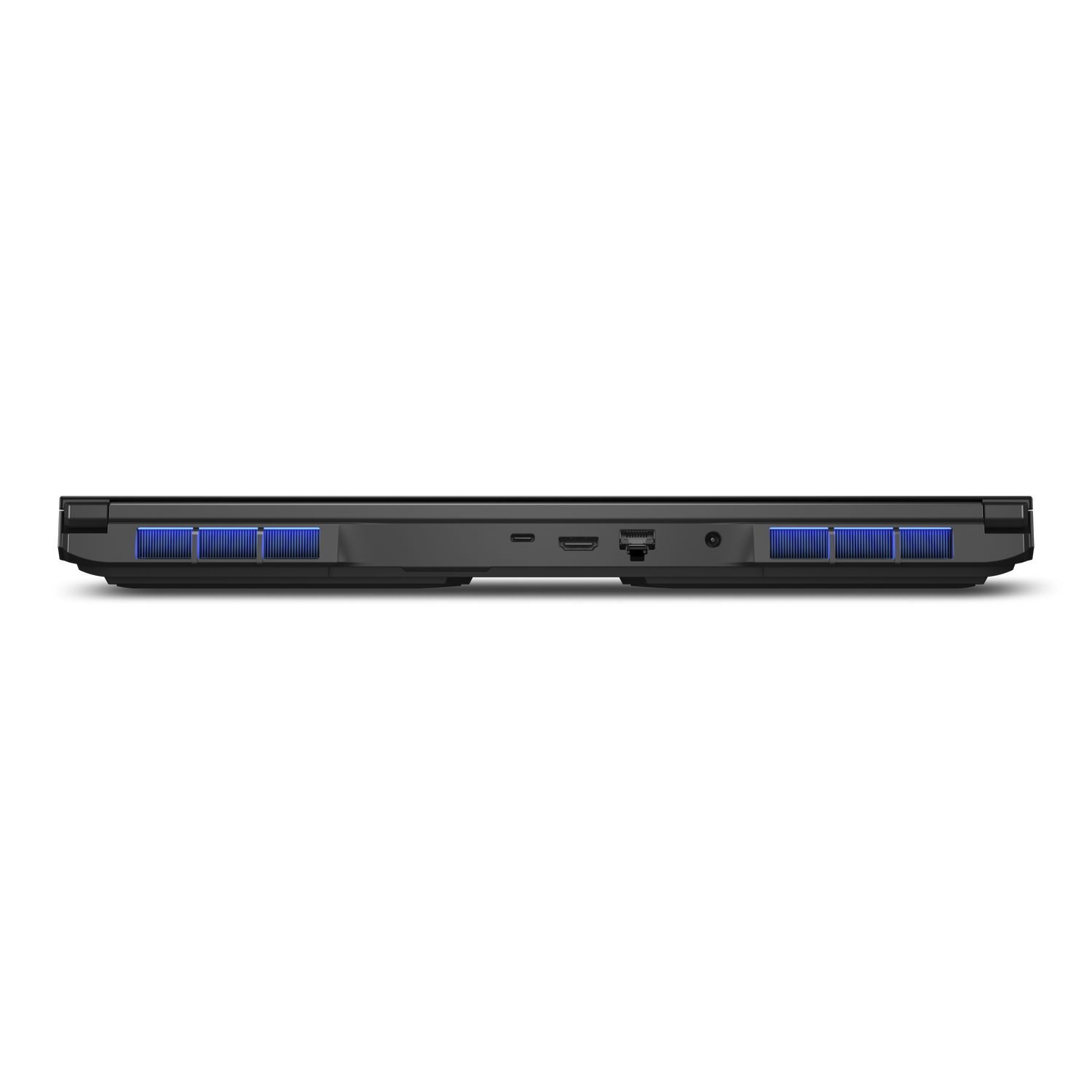 Onderaanzicht van een zwarte laptop met blauwe ventilatieopeningen, met poorten en ventilatie.