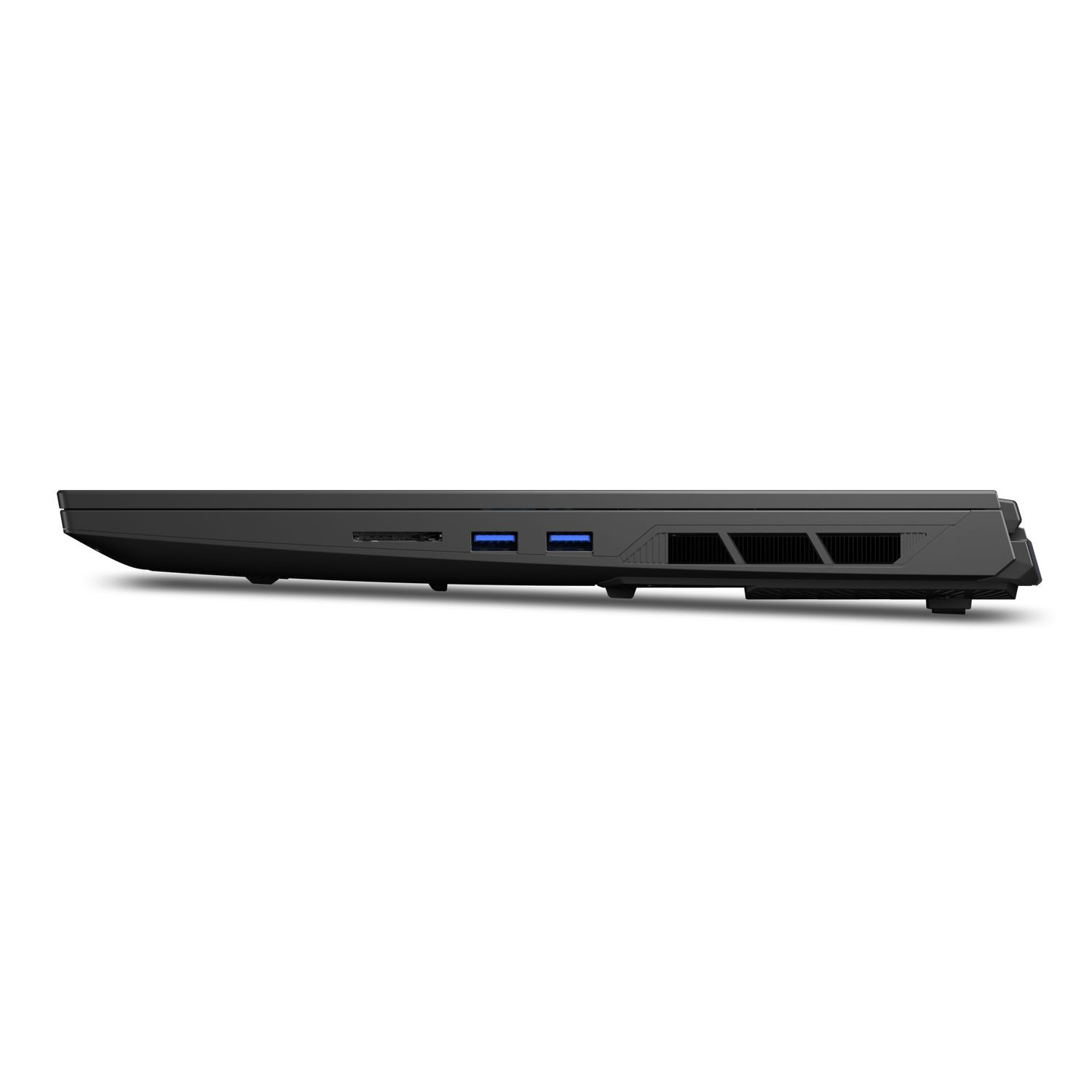 Zijkant van een laptop, zwart, twee USB-poorten, ventilatieopeningen, op een witte achtergrond.