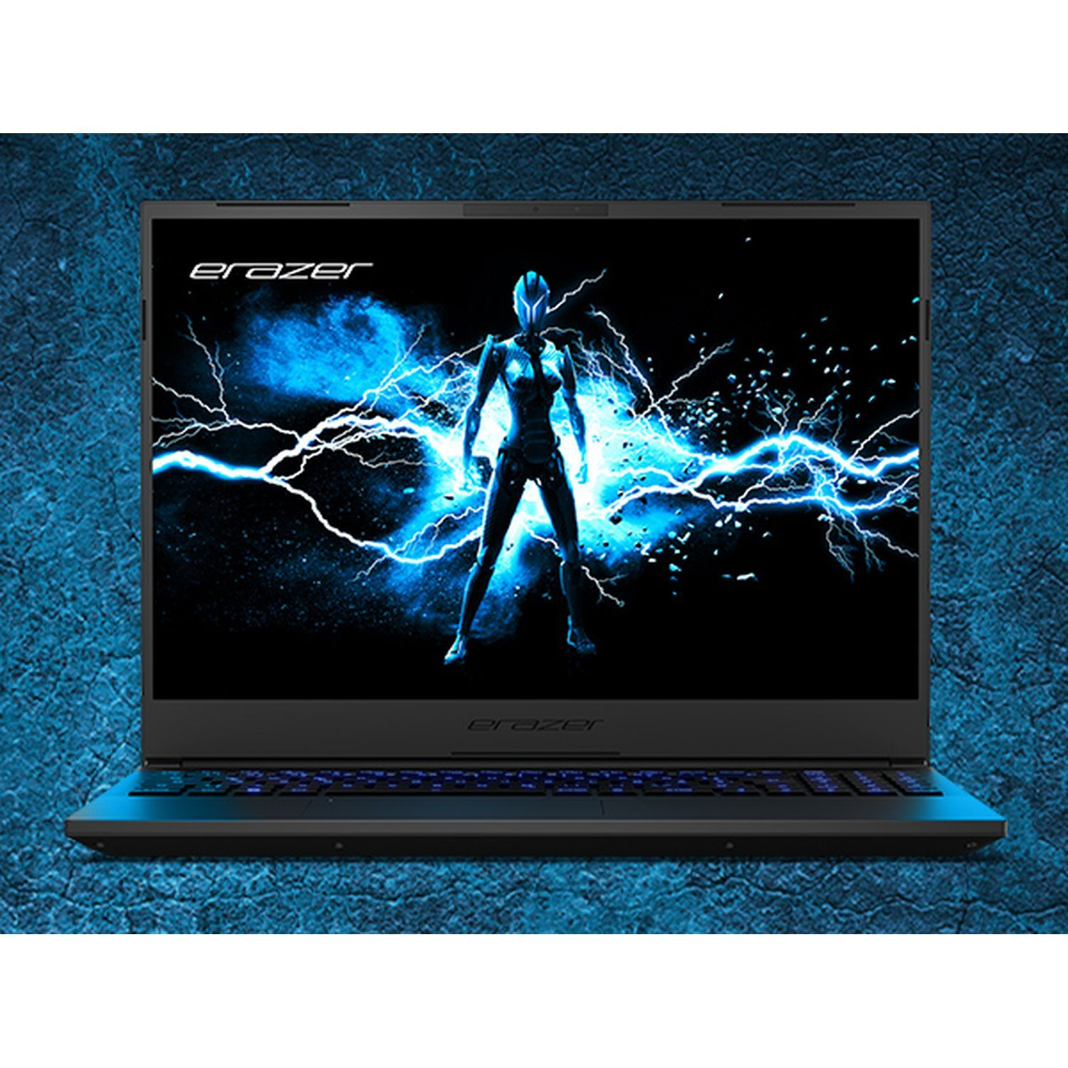 Zwart en blauw laptopscherm met een futuristische vrouw en blauwe bliksem.