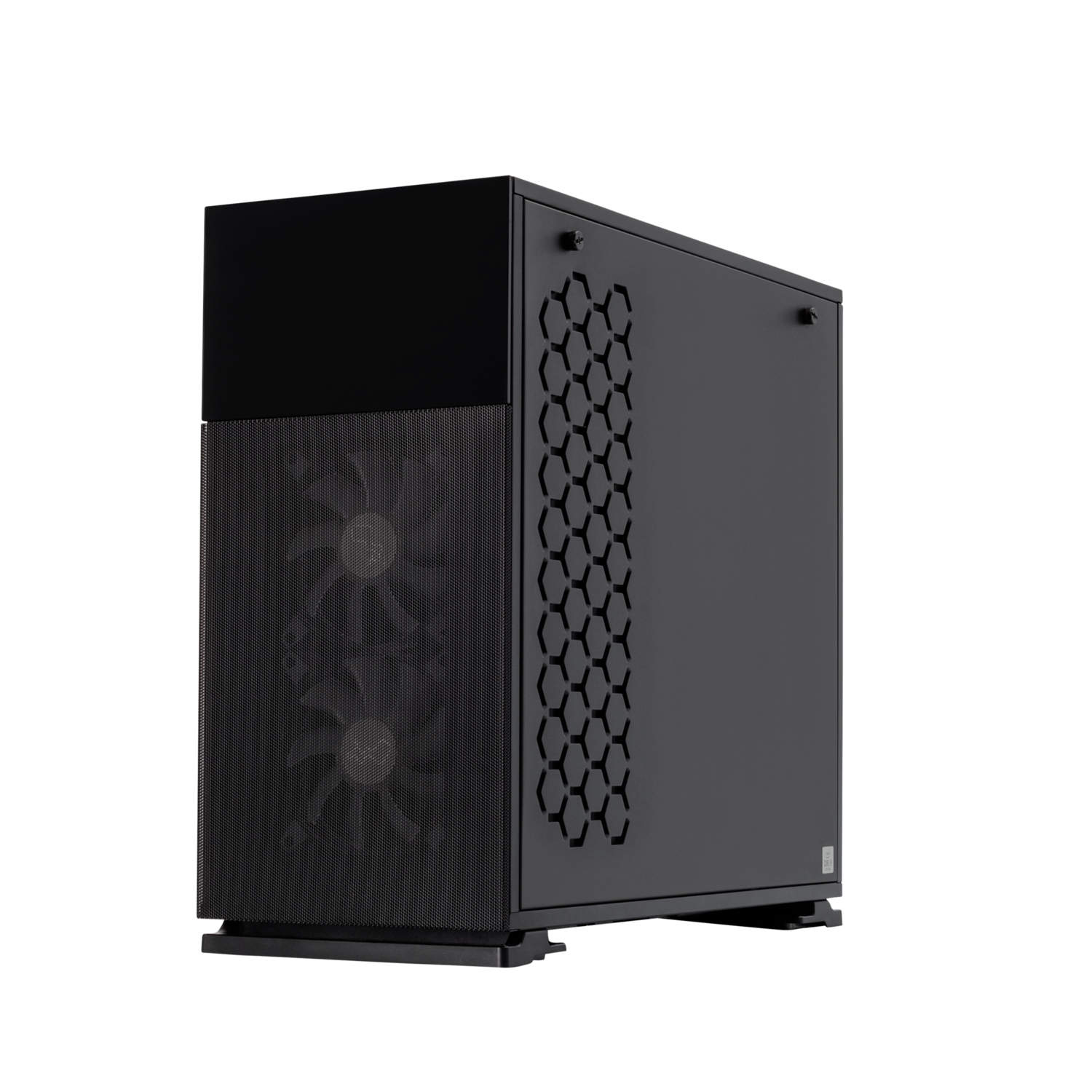 Zwarte pc-behuizing met twee ventilatoren, honingraat zijpaneel en donkere achtergrond.