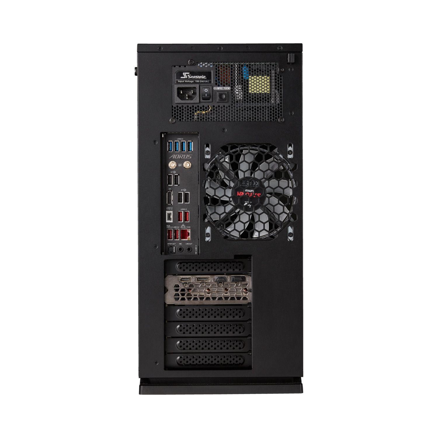 Achteraanzicht van een zwarte computerkast met diverse poorten en een ventilator.