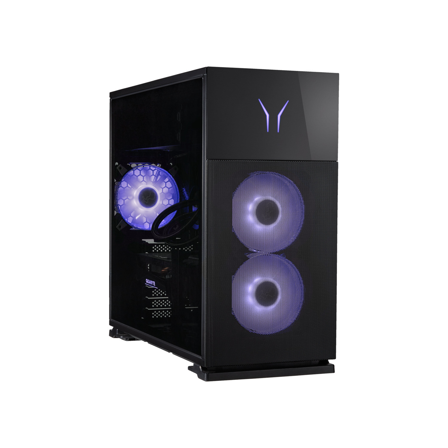 Zwarte computertoren met blauw verlichte ventilatoren en twee grote ventilatoren aan de voorkant.