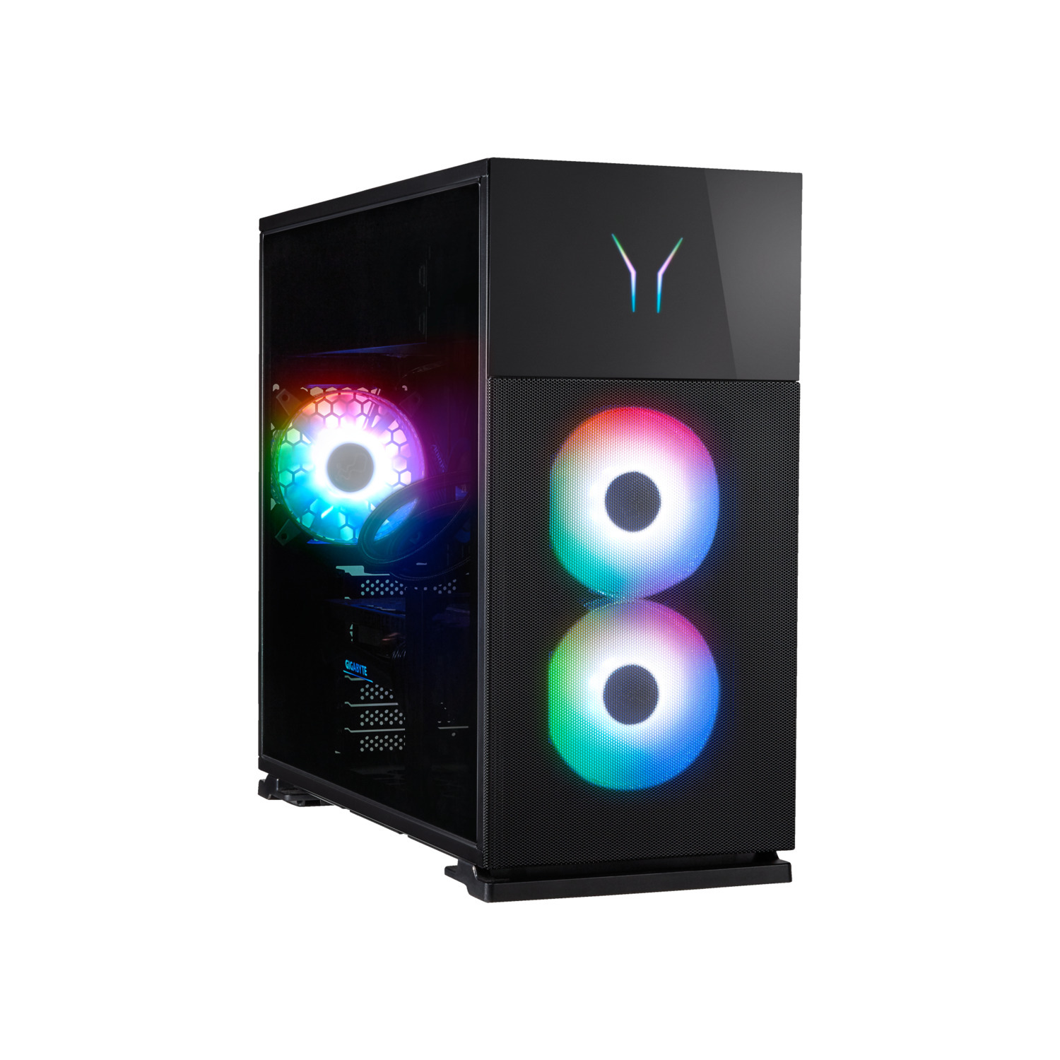 Een zwarte computerkast met kleurrijke LED-verlichting en een glazen zijpaneel.