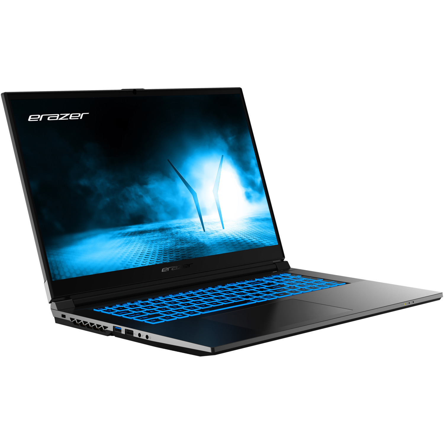 A black and grey laptop with a blue backlit keyboard, showing a blue display.