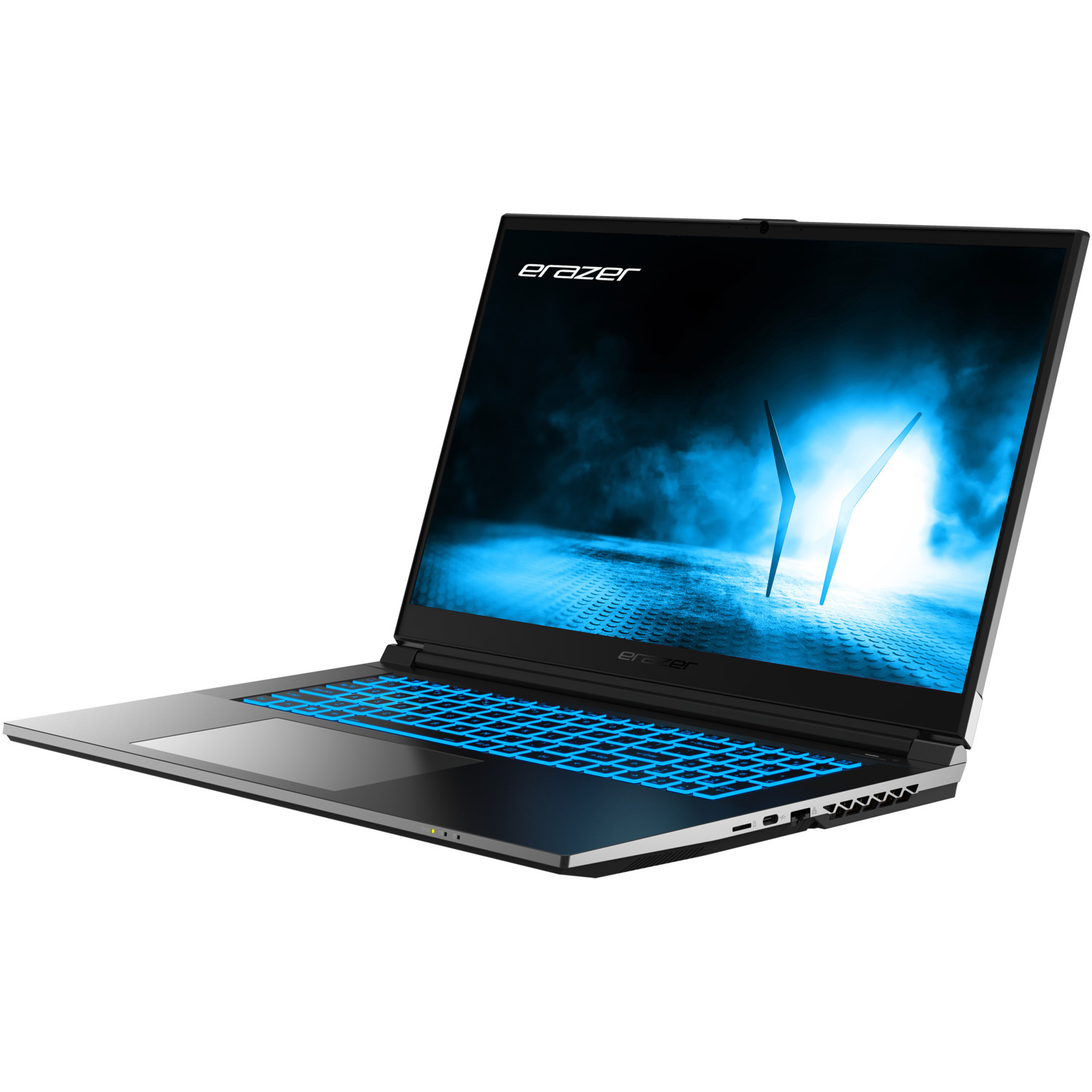 Black laptop with blue backlit keyboard, screen displays a blue and black abstract design.