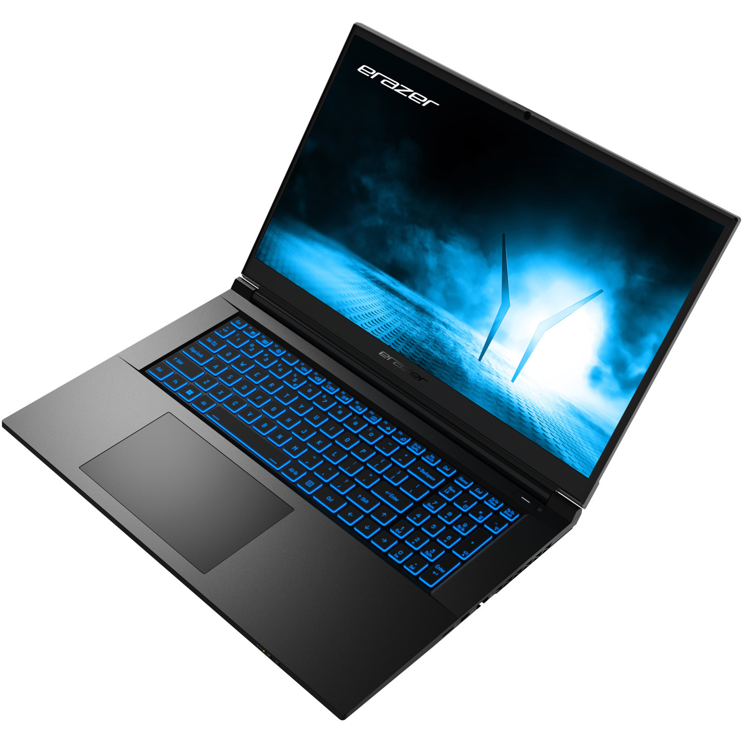 Black laptop with blue backlit keyboard, open, on a white surface. Display shows a blue design.