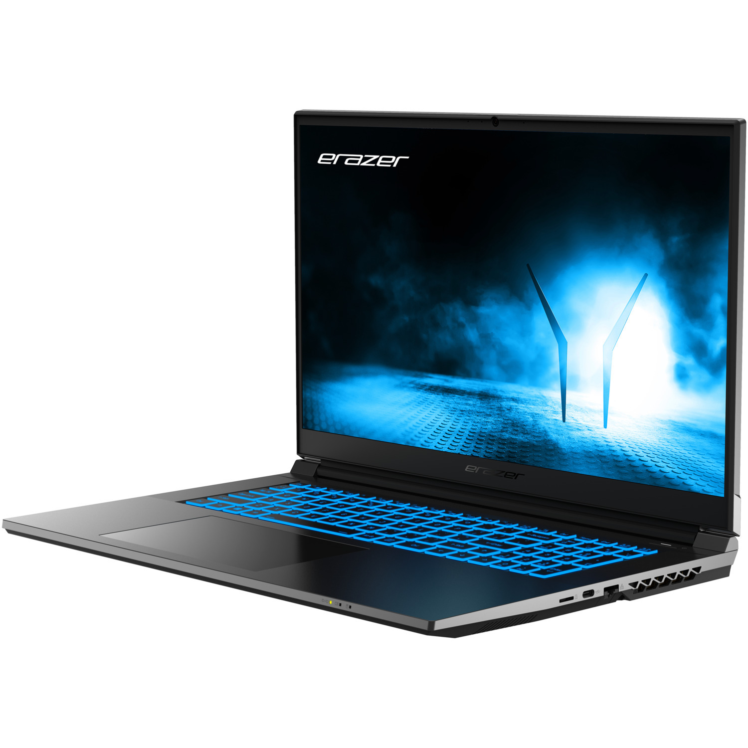 A black laptop with a blue illuminated keyboard. The screen displays a futuristic graphic.